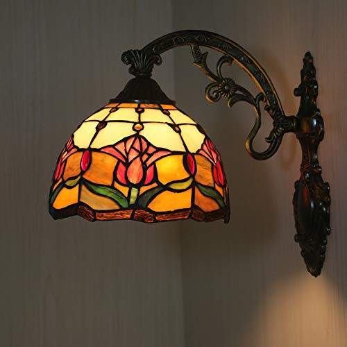Tiffany Style LED Wall Sconce Light - 8 Inch Handcrafted Stained Glass Tulip Shade with Zinc Alloy Base, E26 Socket for Hallway & Living Room Lighting | Vintage Home Decor, Bedroom Accent Light