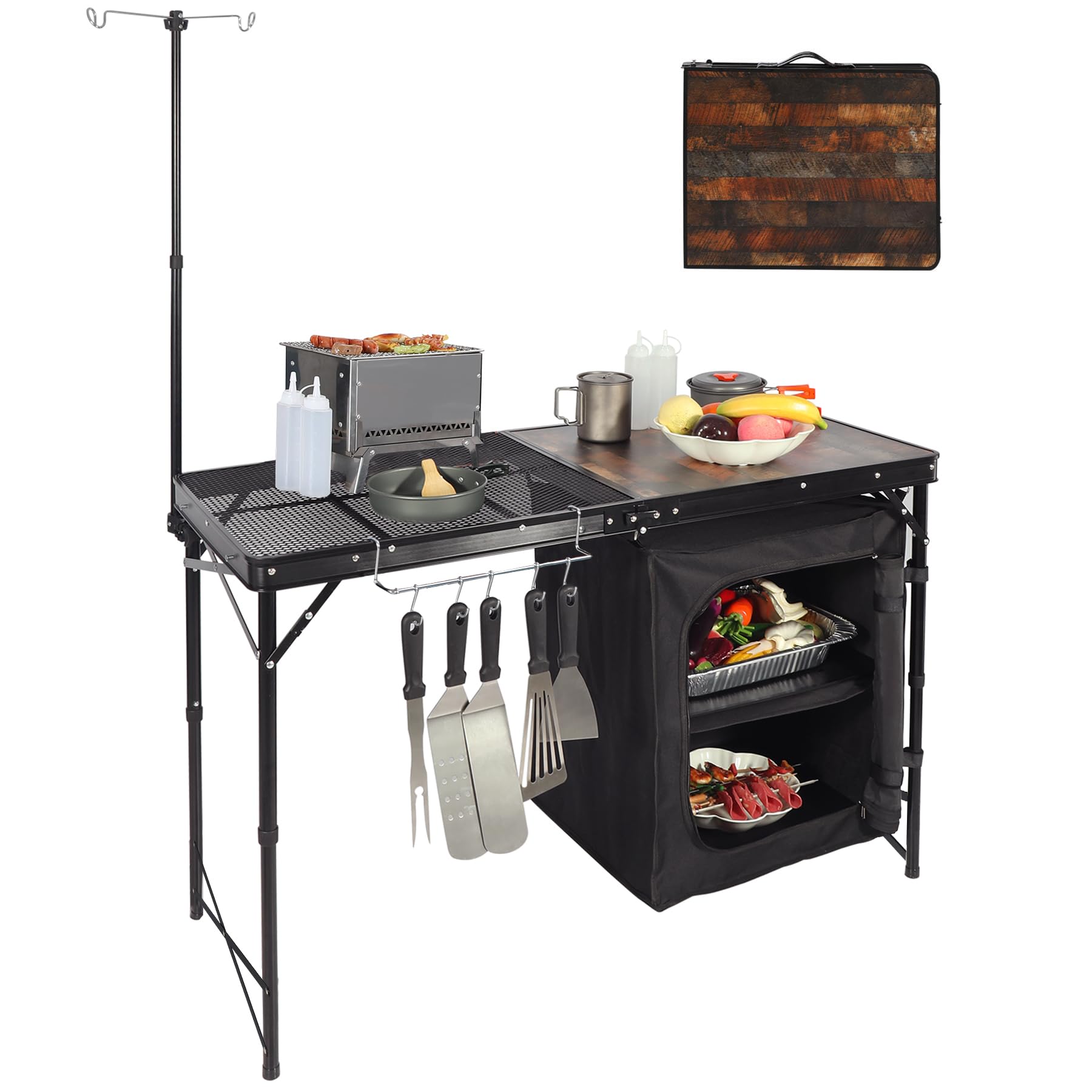 REDCAMP 4ft Portable Camping Kitchen Table with Storage Organizer & Telescoping Light Stand - Foldable Outdoor Cooking Station for BBQ, Picnic, Party & Camping | Perfect for Backyard Grilling, Tailgating & RV Adventures
