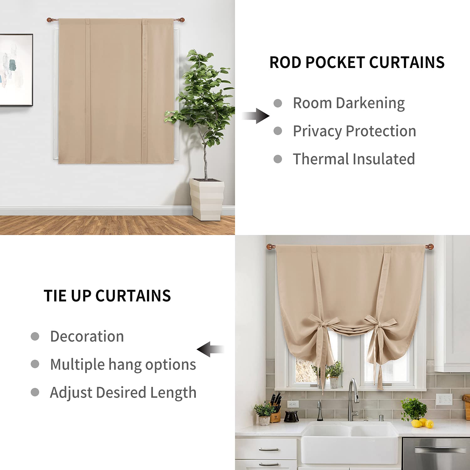DWCN Blackout Curtains - Thermal Insulated Room Darkening Window Curtains with Rod Pocket & Tie-Up Shades, Beige, 42x45 Inches (1 Panel) - Perfect for Kitchen, Bedroom & Home Theater Light Control