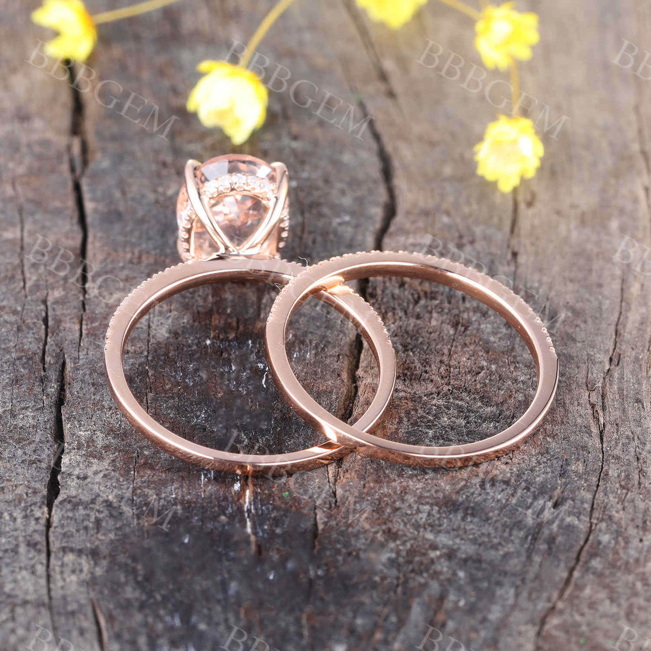 Rose Gold Morganite & Diamond Wedding Ring Set - 7x9mm Oval Art Deco Stacking Band in 14K/18K Gold - Perfect for Engagement, Anniversary & Bridal Jewelry Gifts