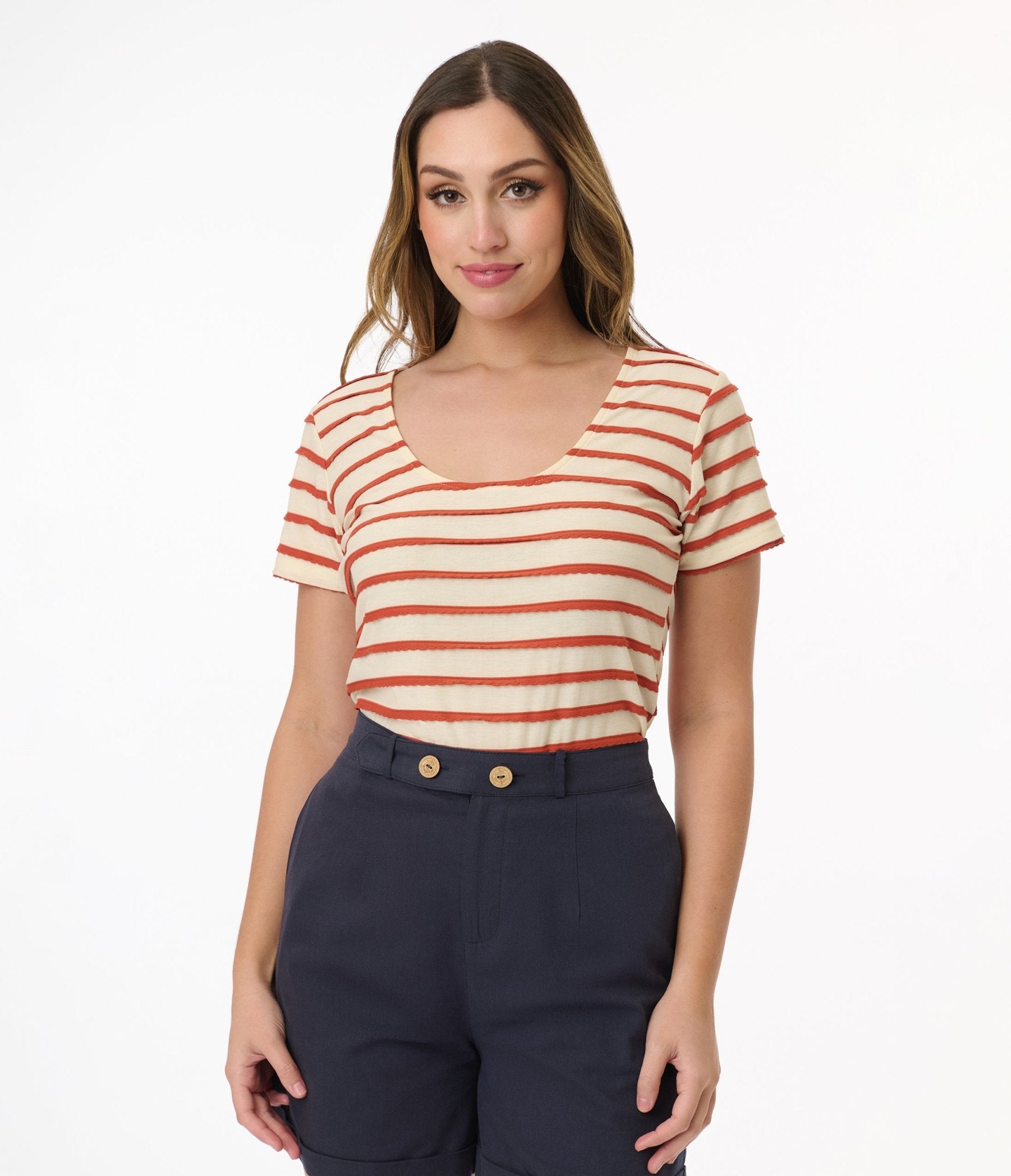 Royal Monk Tan & Rust Orange Ruffle Stripe Knit Top - Women's Boho Chic Blouse for Casual Outings & Date Nights