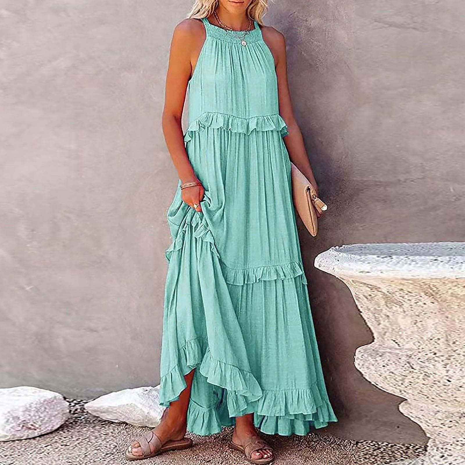 2025 Women's Summer Maxi Dresses - High Neck Long Sleeveless Sundress with Loose Layered Ruffle Swing Design | Perfect for Beach Vacation, Casual Outings & Summer Parties