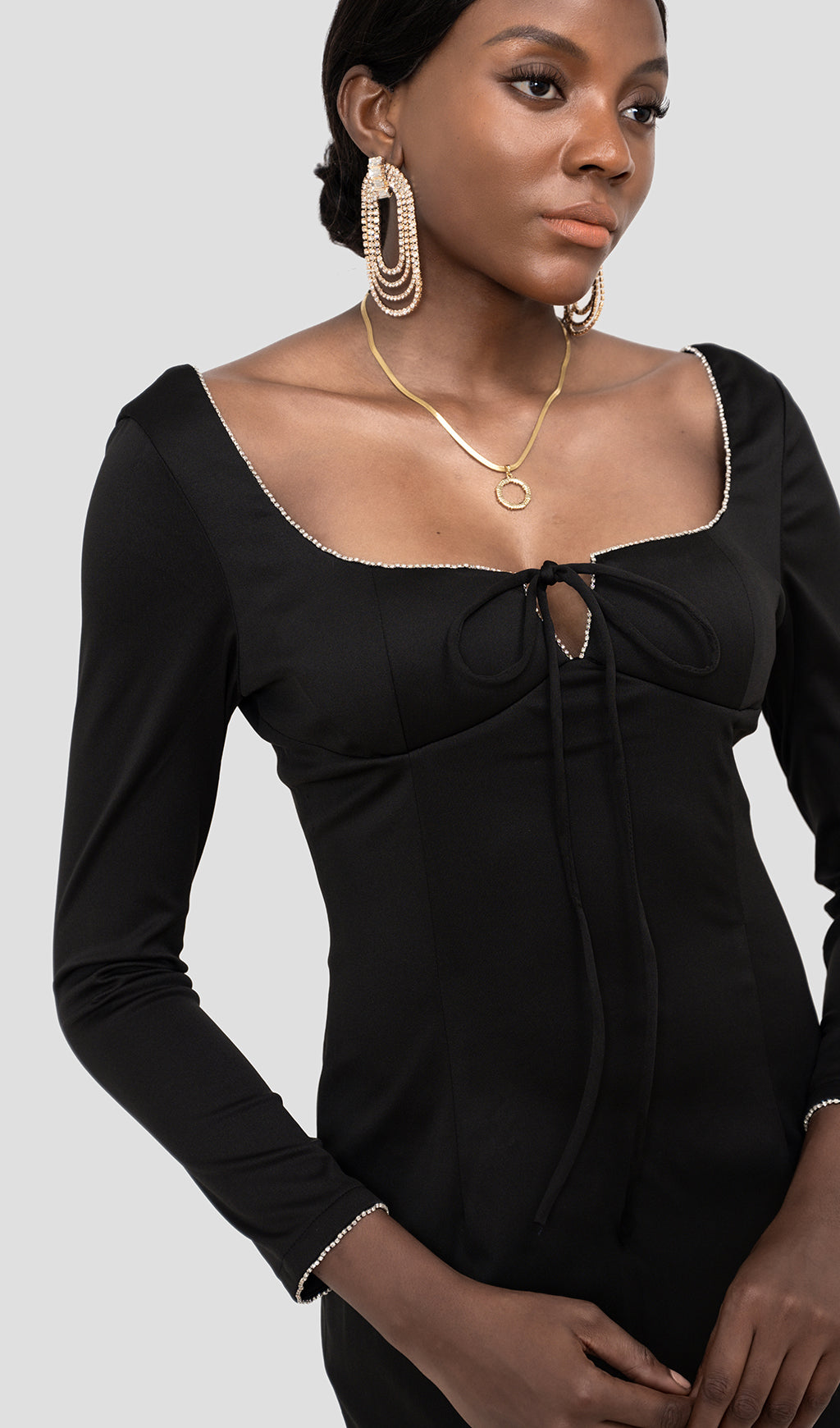 Elegant Black Crystal Embellished Maxi Dress for Women | Formal Evening Gown for Parties, Weddings & Special Occasions