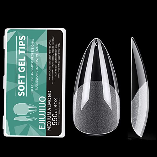 EJIUJIUO 550Pcs Almond Soft Gel Nail Tips - Clear PMMA Fake Nails for Salon & DIY