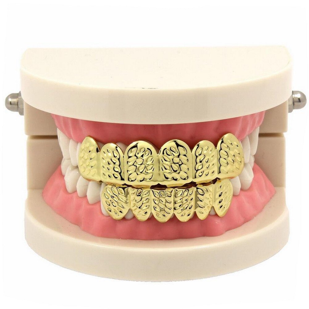 14K Gold Plated Custom Fit Diamond Cut Grillz Teeth Set - Top & Bottom Hip Hop Bling for Men - Perfect Gift for Son, Birthday & Special Occasions - Great for Rappers, Performers & Fashion Statements