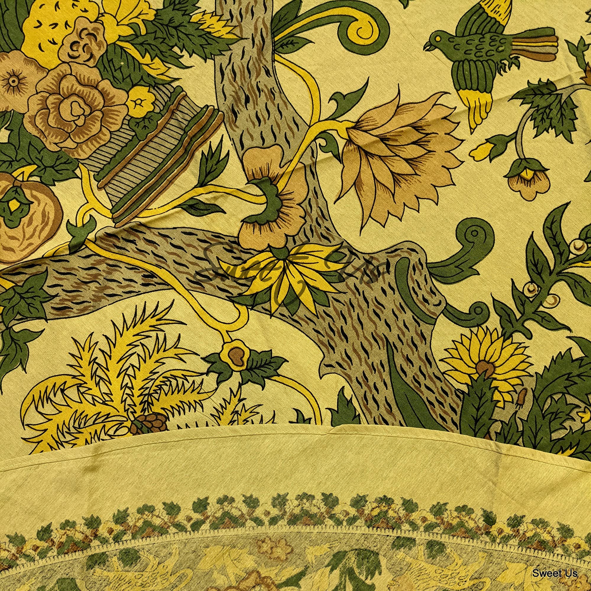 72-inch Round Cotton Floral Tablecloth - Tree of Life Design in Linen Beige & Yellow for Kitchen & Dining | Indoor/Outdoor Use for Parties, Weddings & Daily Dining