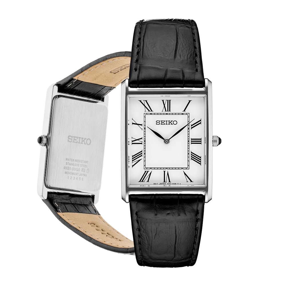SEIKO Men's Essentials Watch - Stainless Steel Rectangular Case & Leather Strap - Water Resistant - Perfect for Business, Casual & Formal Occasions