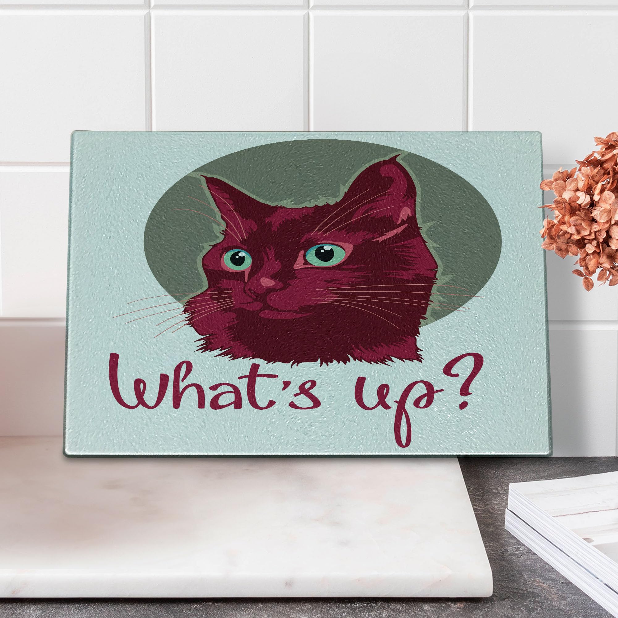 Ambesonne Cat Cutting Board - Colorful Modern Art Tempered Glass Serving Board with Young Cat Portrait, Small Size (Red, Grey, White) - Perfect for Kitchen Decor, Cheese Platter & Party Serving