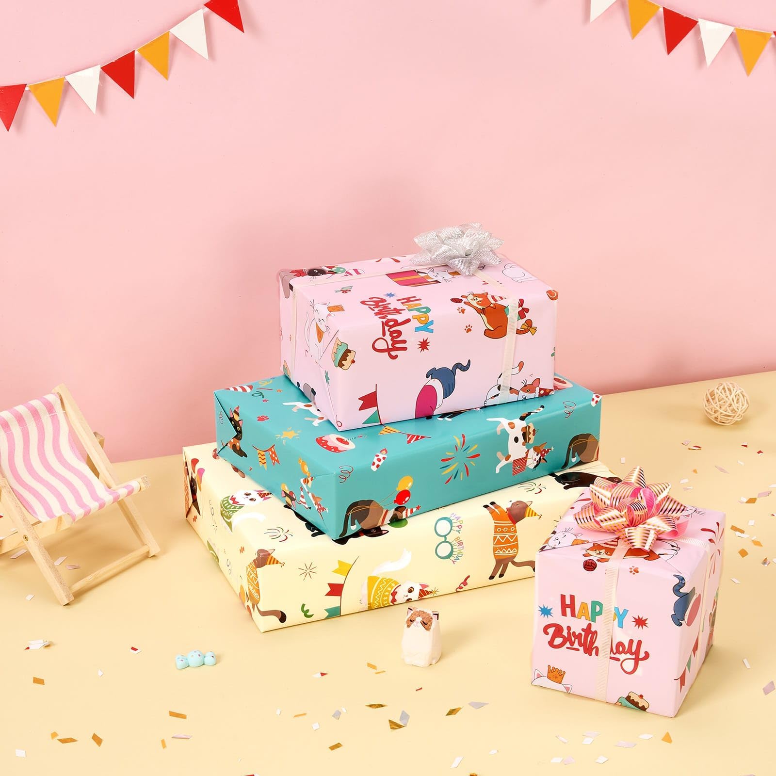 WERNNSAI Cat Wrapping Paper Rolls - 3 Rolls 17” x 120” Birthday Gift Wrap with Cutting Lines | Cute Kitten Themed Wrapping Paper for Girls, Birthday Presents & Party Decorations