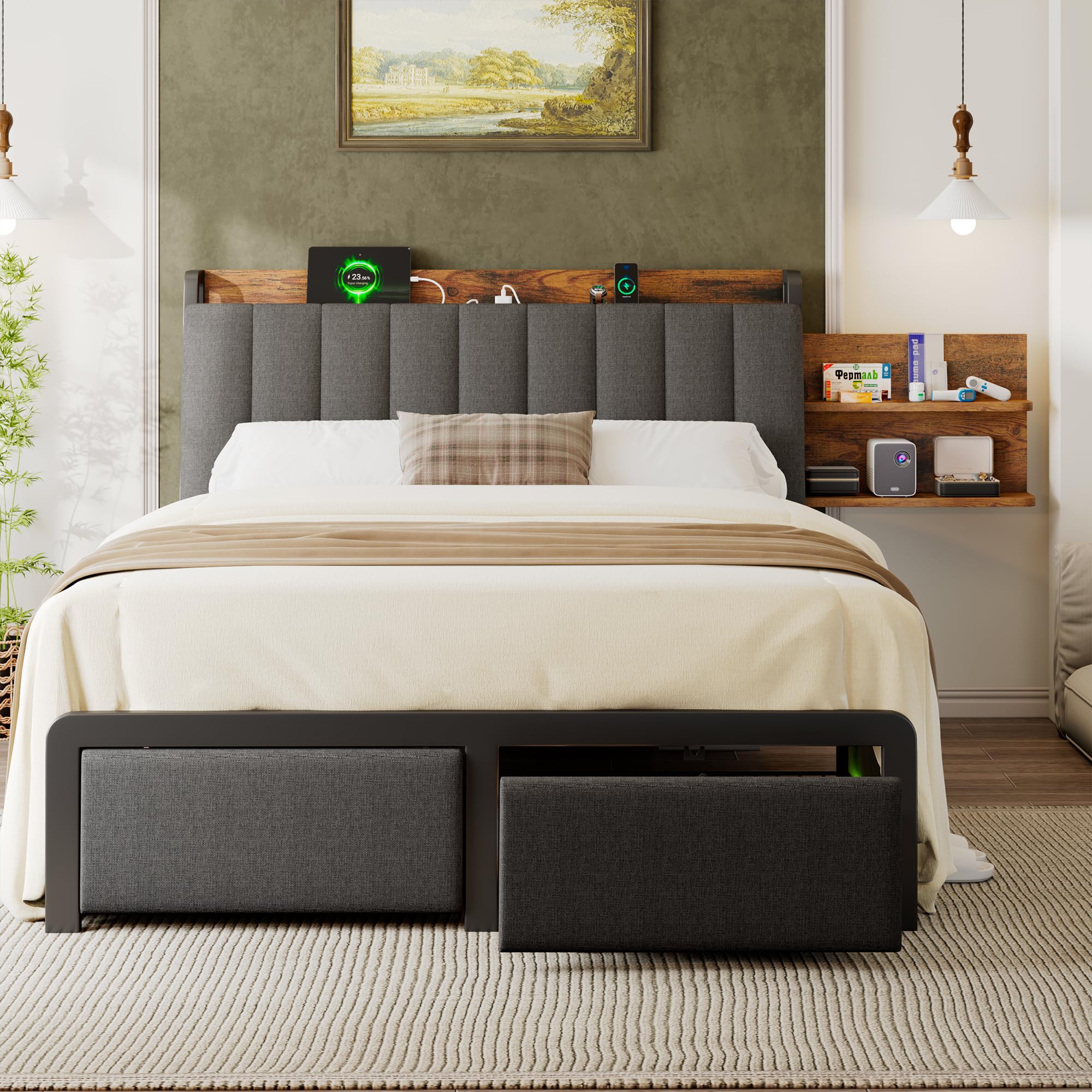 Full Size Metal Bed Frame with 2-Tier Hidden Storage & 2 Drawers - Upholstered Platform Bed with USB Charging Station, Ergonomic Headboard & Reinforced Steel Slats - No Box Spring Required, Easy Assembly - Perfect for Small Bedrooms, Guest Rooms & Modern Apartments