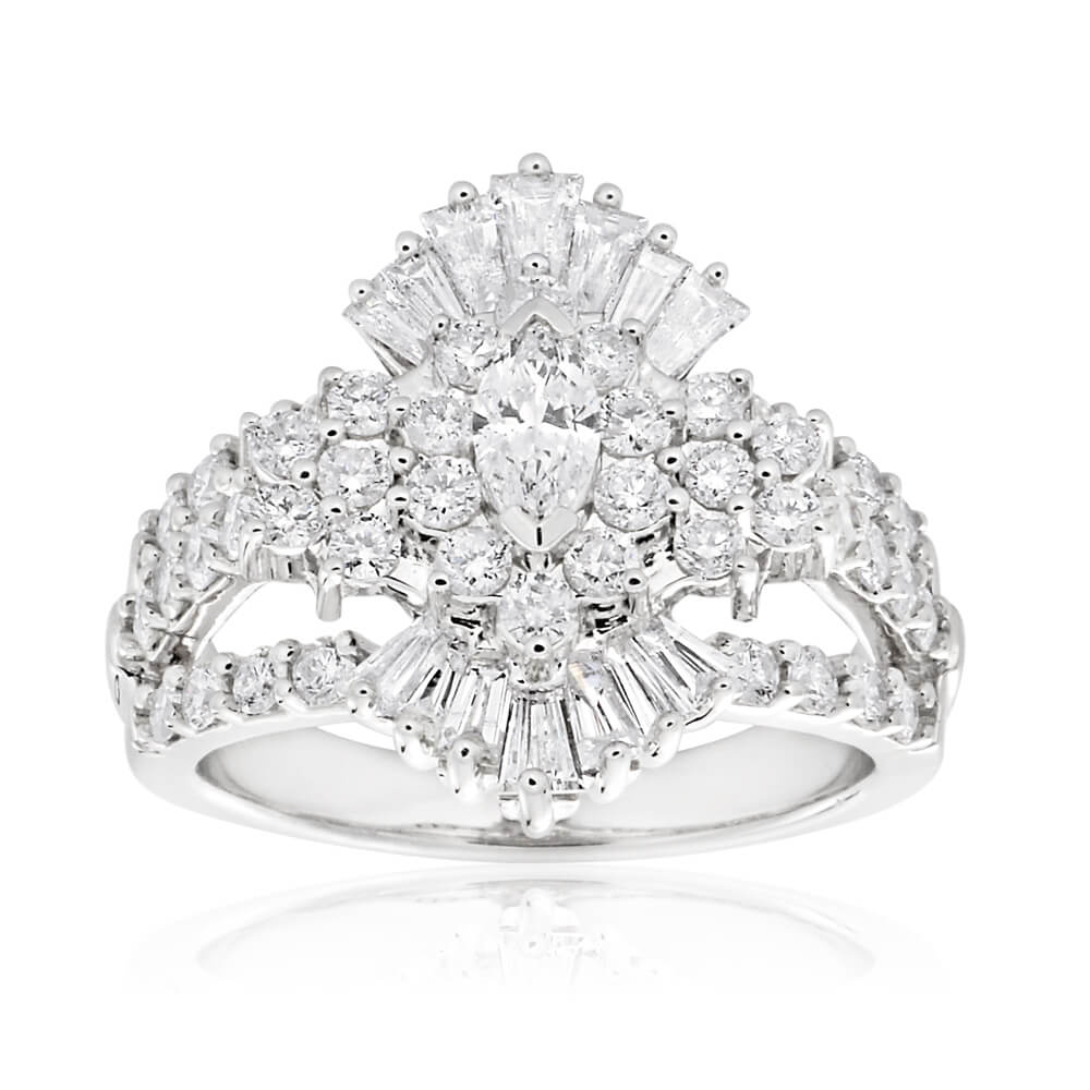 14K White Gold Diamond Ring with 2.00 Carat Marquise Cut Center Stone & Side Stones - Elegant Engagement, Wedding, or Anniversary Jewelry Gift