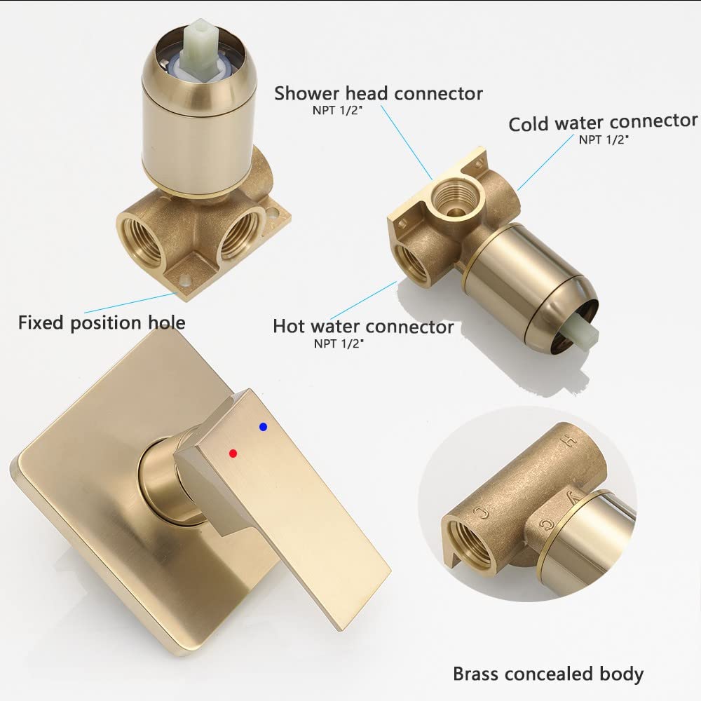 Brushed Gold Shower Faucet Set - Single Function Shower Trim Kit with Rough-in Valve, Square Rain Shower Head & Extra Long Shower Arm | Modern Bathroom Upgrade for Spa-Like Experience