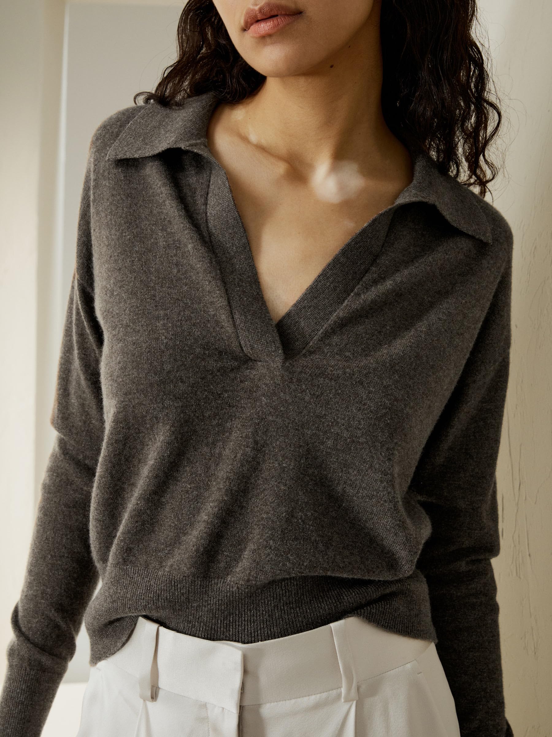 LilySilk 100% Pure Cashmere Women's Polo Neck Pullover Sweater - Soft Lightweight V-Neck Long Sleeve Knit Top for Work, Travel & Casual Wear