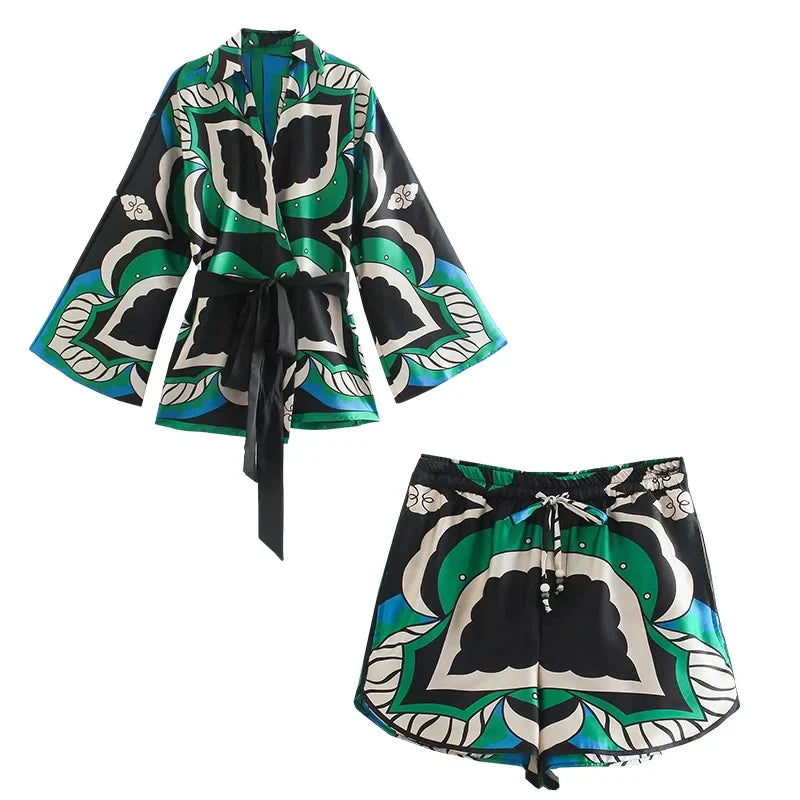 Foridol Oversized Green Print Boho Women's Shorts Set - Matching Shirt, Shorts & Pants 3-Piece Outfit for Summer | Casual Beachwear, Vacation Outfits & Boho Fashion Style