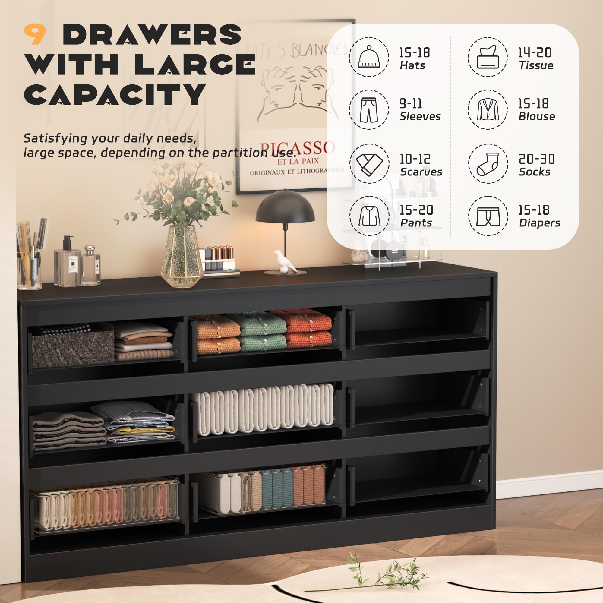 INTERGREAT Modern 9-Drawer Wood Dresser for Bedroom - Black Chest of Drawers with Deep Storage for Closet, Nursery, Living Room & Entryway | Perfect for Kids Bedroom, Hallway Organization & Home Decor