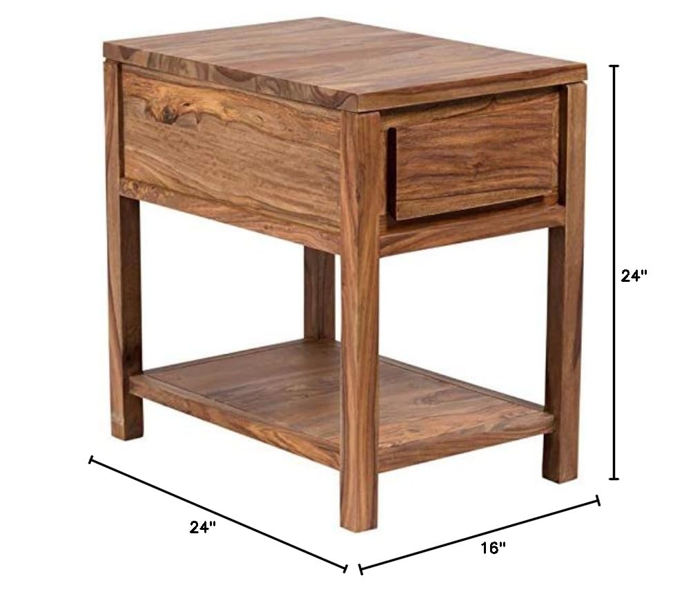 Mid-Century Modern Wood End Table with Drawer - Natural Brown Finish for Living Room, Bedroom & Office Decor
