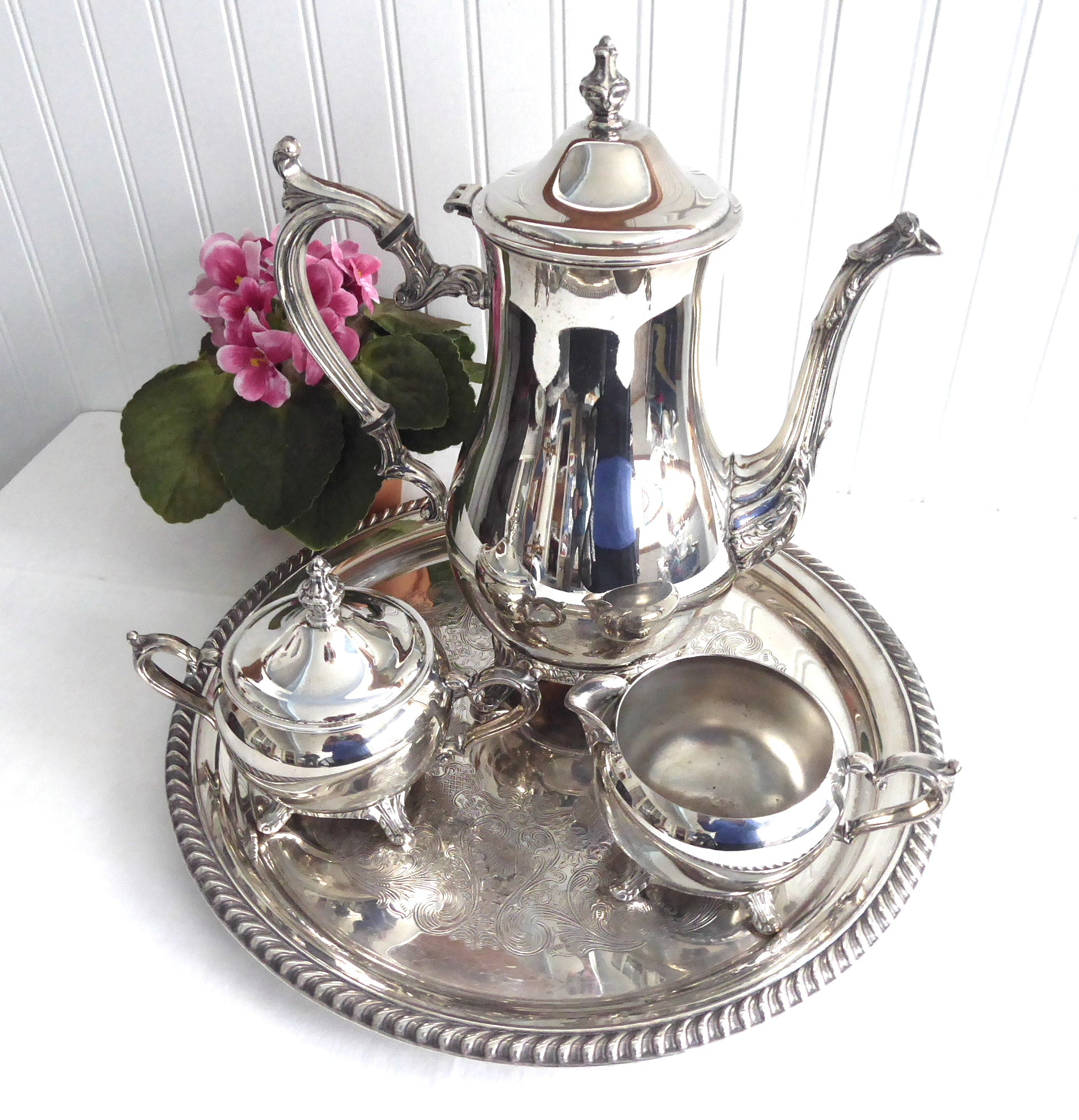 Vintage 5-Piece Silver Plated Tea Set with Pot, Sugar Bowl, Creamer & Tray - Mid Century Rogers 1970s Collection - Perfect for Afternoon Tea Parties, Bridal Showers & Vintage Home Decor