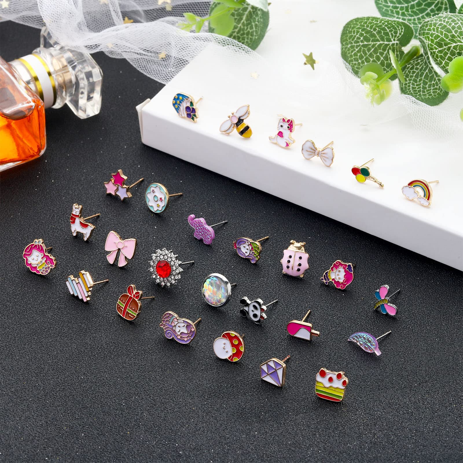 NEWITIN 100 Pairs Colorful Cute Stud Earrings for Girls & Women - Hypoallergenic Stainless Steel Earrings - Perfect for Everyday Wear, Gifts, Parties and Fashion Accessories