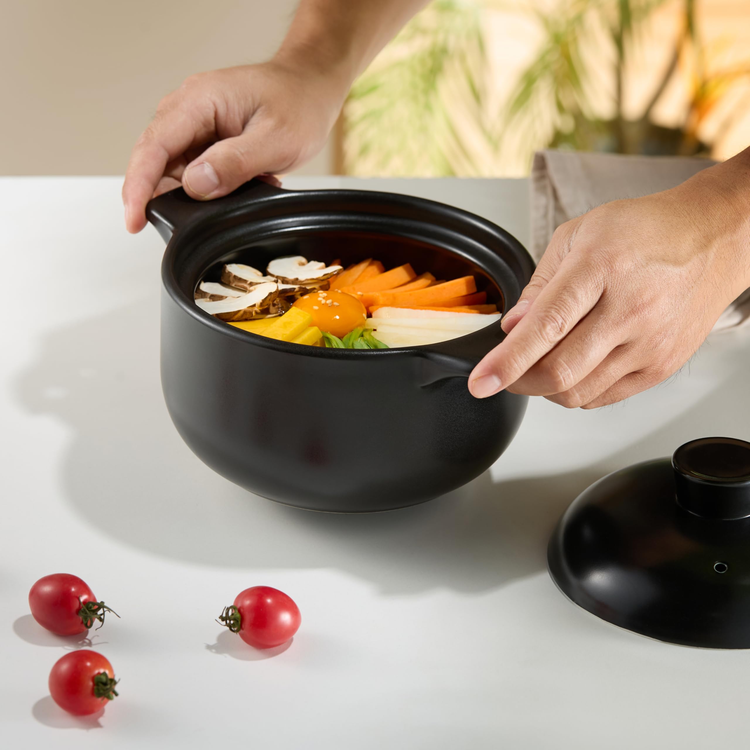Premium Korean Dolsot Stone Bowl Set with Lid - 38oz Black Stone Pot for Bibimbap, Kimchi, Hot Pot, Soup & Stew - Oven & Dishwasher Safe - Perfect for Authentic Korean Cooking & Serving at Home