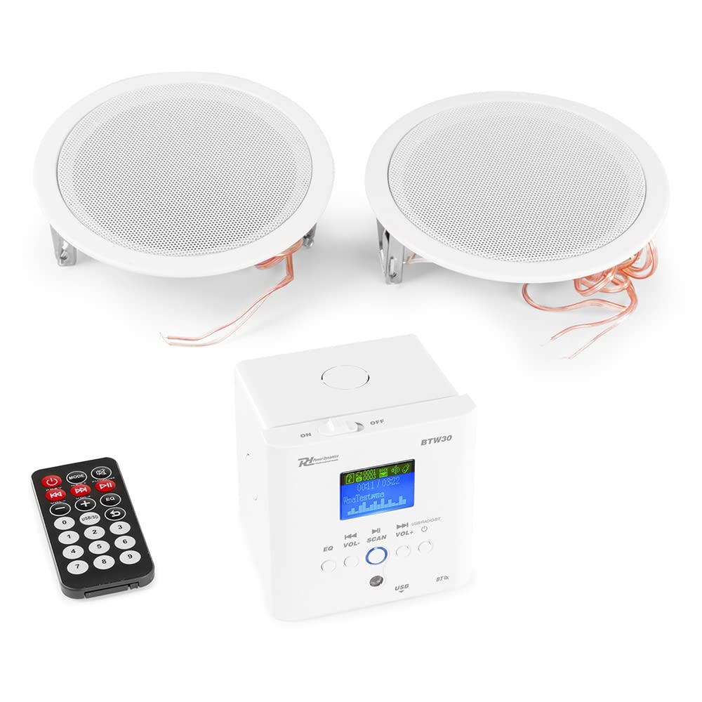 Power Dynamics 2-Zone Bluetooth Ceiling Speaker System - 4x 5-Inch In-Ceiling Speakers & 2x BTW30 Wall Amplifiers with FM Radio & USB Playback - Perfect for Whole Home Audio, Background Music & Multi-Room Entertainment