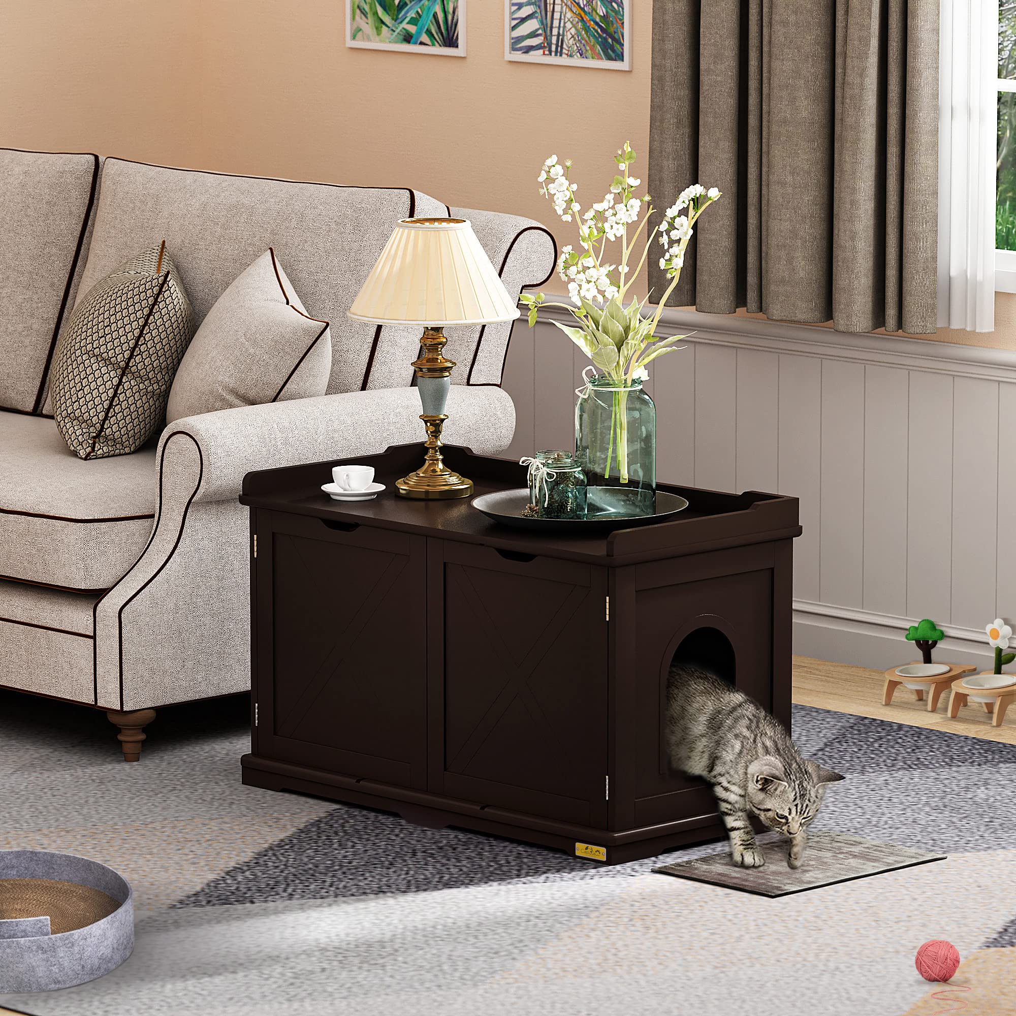Multifunctional Wooden Cat Litter Box Furniture - Hidden Washroom Storage Bench Cabinet with Removable Panel & Spacious Interior (Brown) - Perfect for Small Spaces & Home Décor