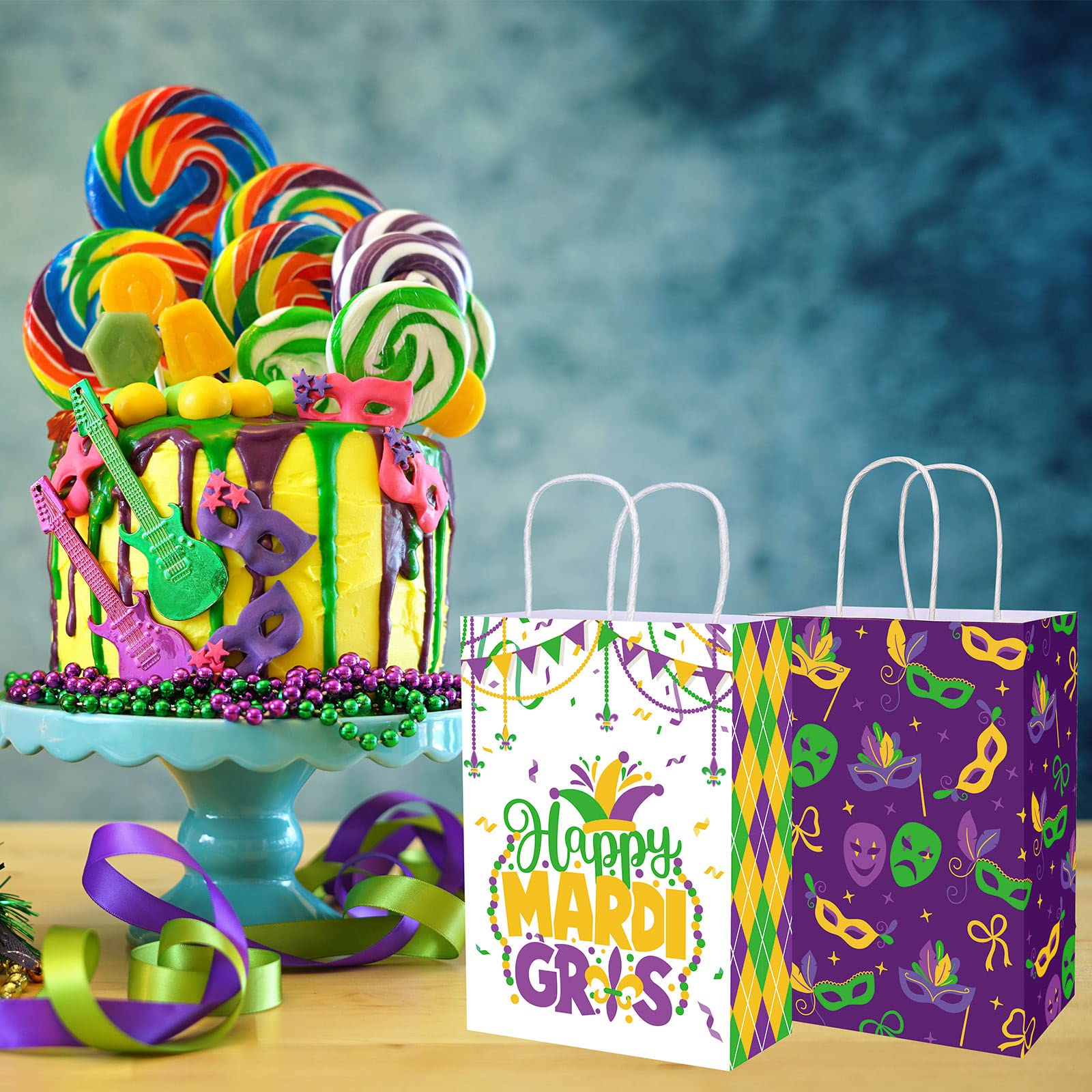 Whaline 20 Pack Mardi Gras Party Favor Bags with Handles - Assorted 4 Designs Including Crown, Mask & Gold Coins - Perfect for Gift Wrapping, Birthday Parties, Carnival Celebrations & Festive Events