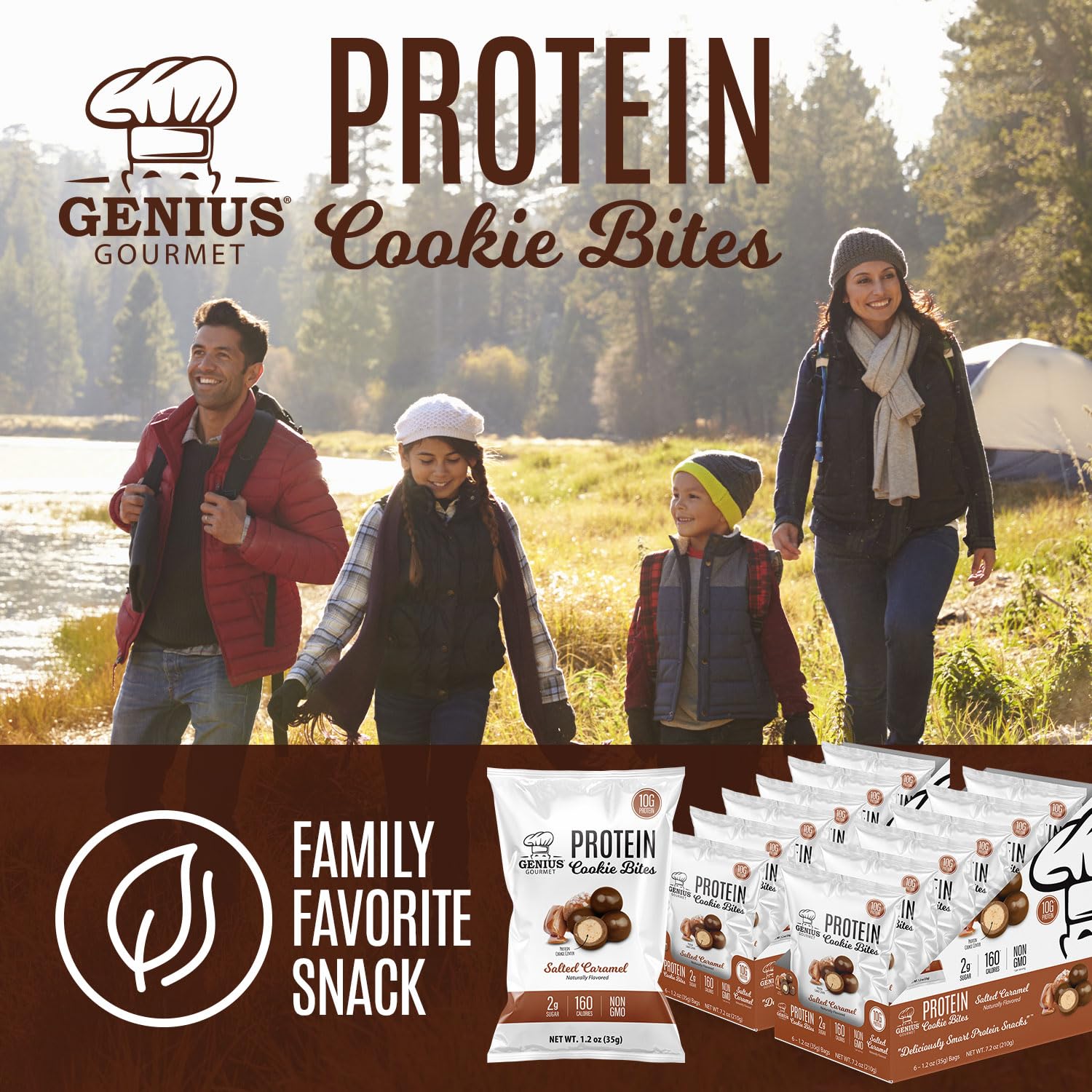 Genius Gourmet Protein Cookie Bites Salted Caramel - 10g Protein, No Added Sugar, Low Carb, Non-GMO - Healthy Protein Snacks for Adults & Kids - 12 Bags - Perfect for Post-Workout, School Lunch & On-the-Go Snacking