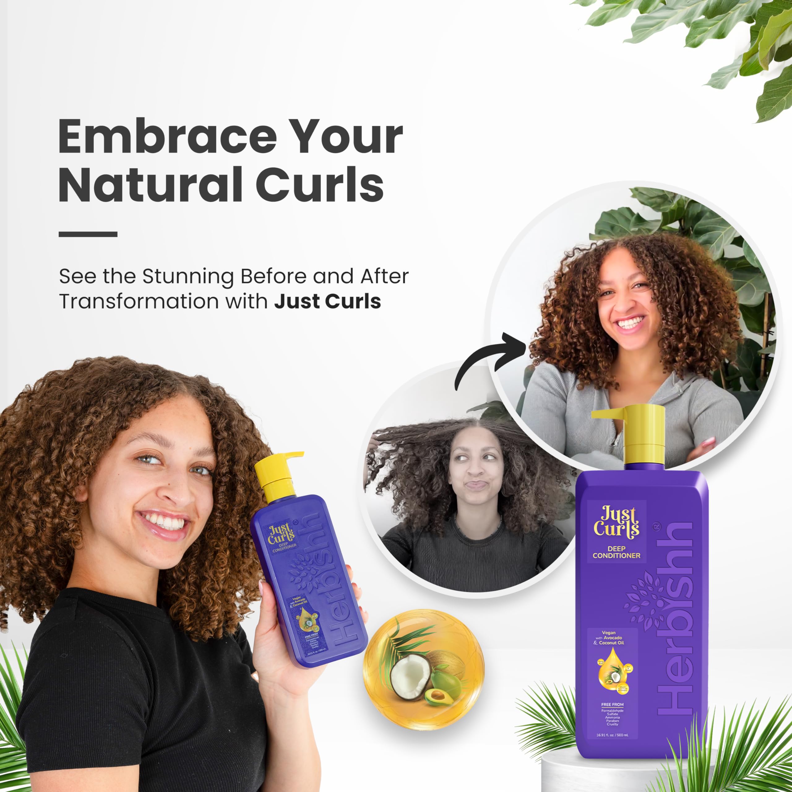 Herbishh Just Curls Deep Conditioner for Curly Hair - Hydrating Hair Wax Stick for Women & Men - Perfect for Defining Curls & Reducing Frizz (Home & Salon Use)