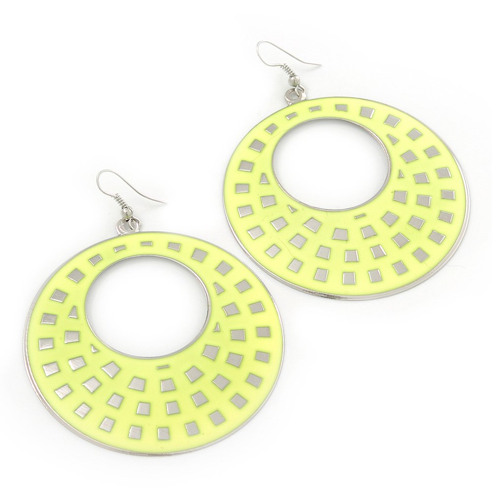 Stylish Large Lightweight Neon Yellow Enamel Hoop Earrings - 8cm Drop Rhodium Plated for Women | Perfect for Parties, Festivals & Everyday Wear