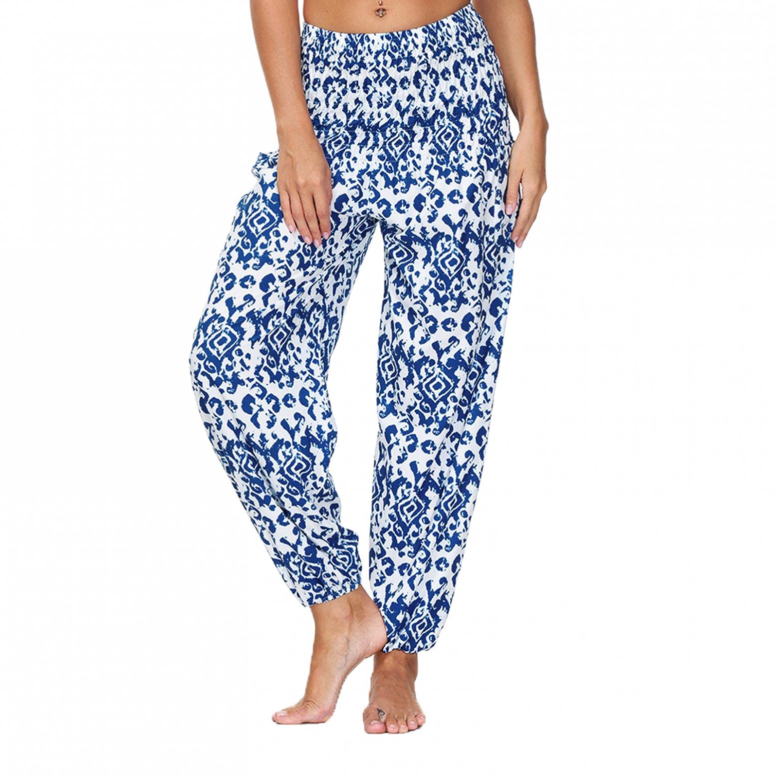 Lovor Women's Rayon Smocked Waist Harem Pants - Boho Print Loose Yoga Beach Pants for Summer | Hippie Style, Comfortable & Stylish for Yoga, Travel, and Casual Wear