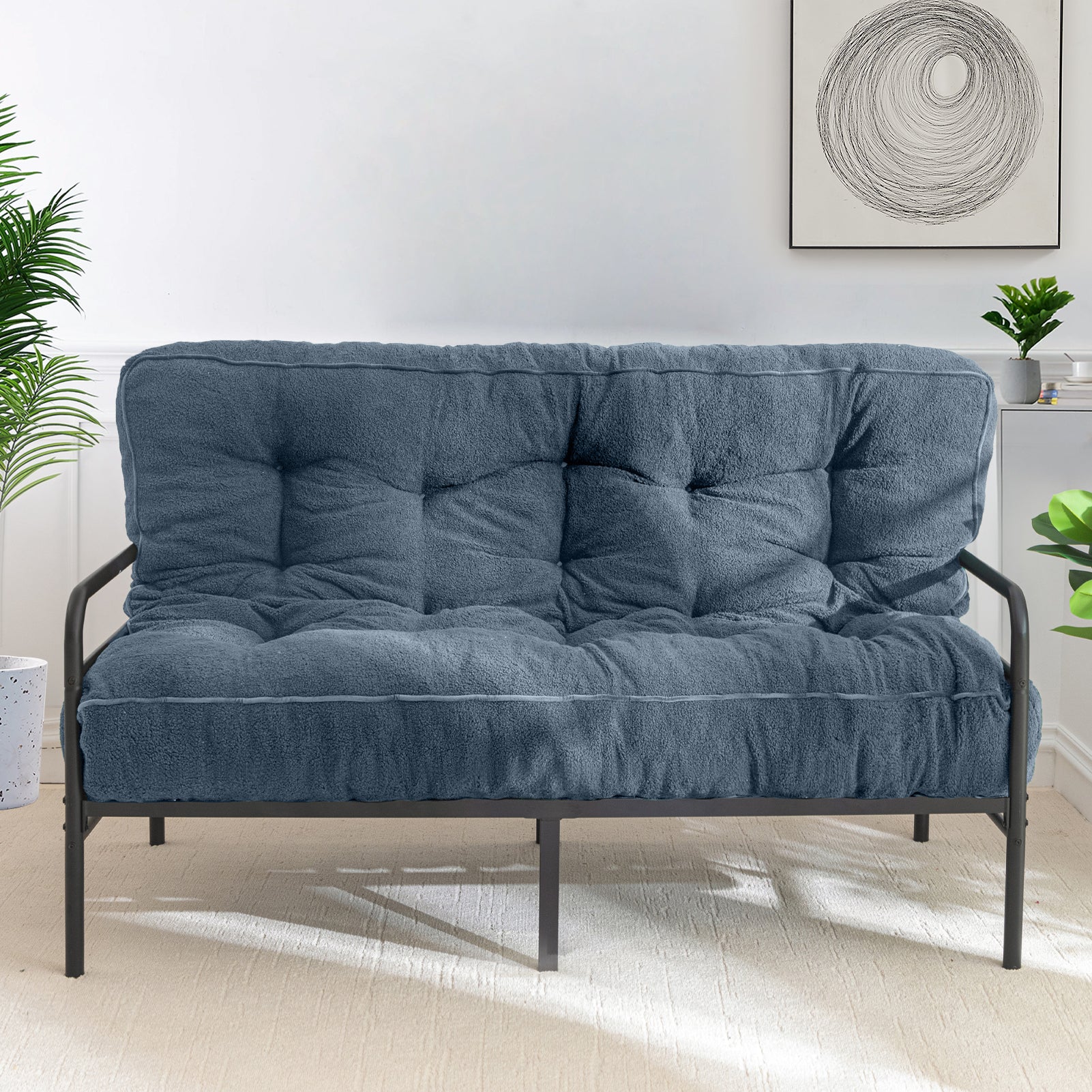 MAXYOYO 8 Inch Tufted Futon Sofa Couch Bed - Thick Boucle Floor Futon Mattress for Adults (Mattress Only) in Dusty Blue | Perfect for Small Spaces, Guest Rooms & Dorm Rooms