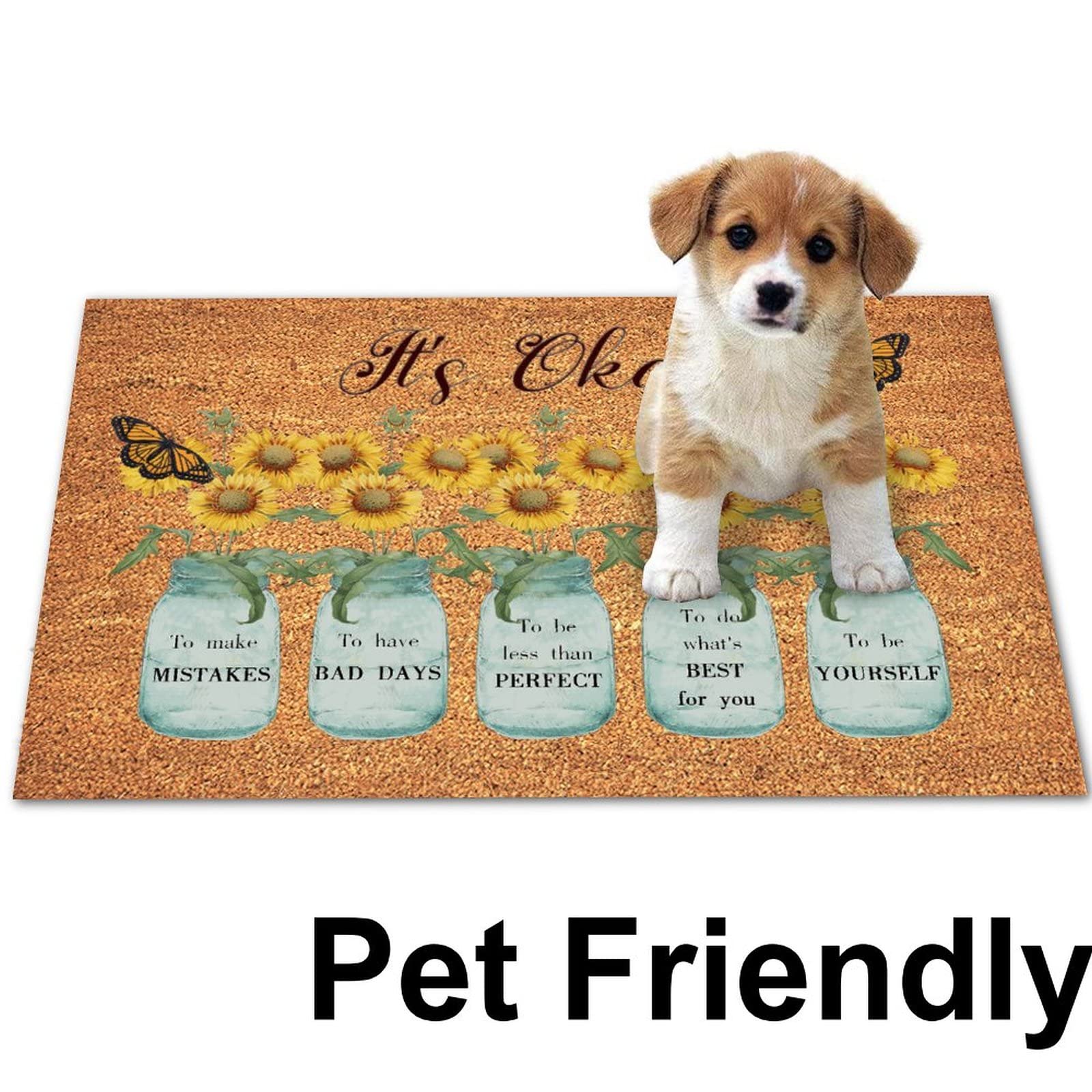 Rustic Coir Door Mat with Non-Slip Rubber Back - 24x36in Sunflower Design & Positive Motivational Quote 'It's Okay to Make Mistakes' - Perfect Entryway Welcome Mat for Home, Office, or Gift - Durable & Customizable