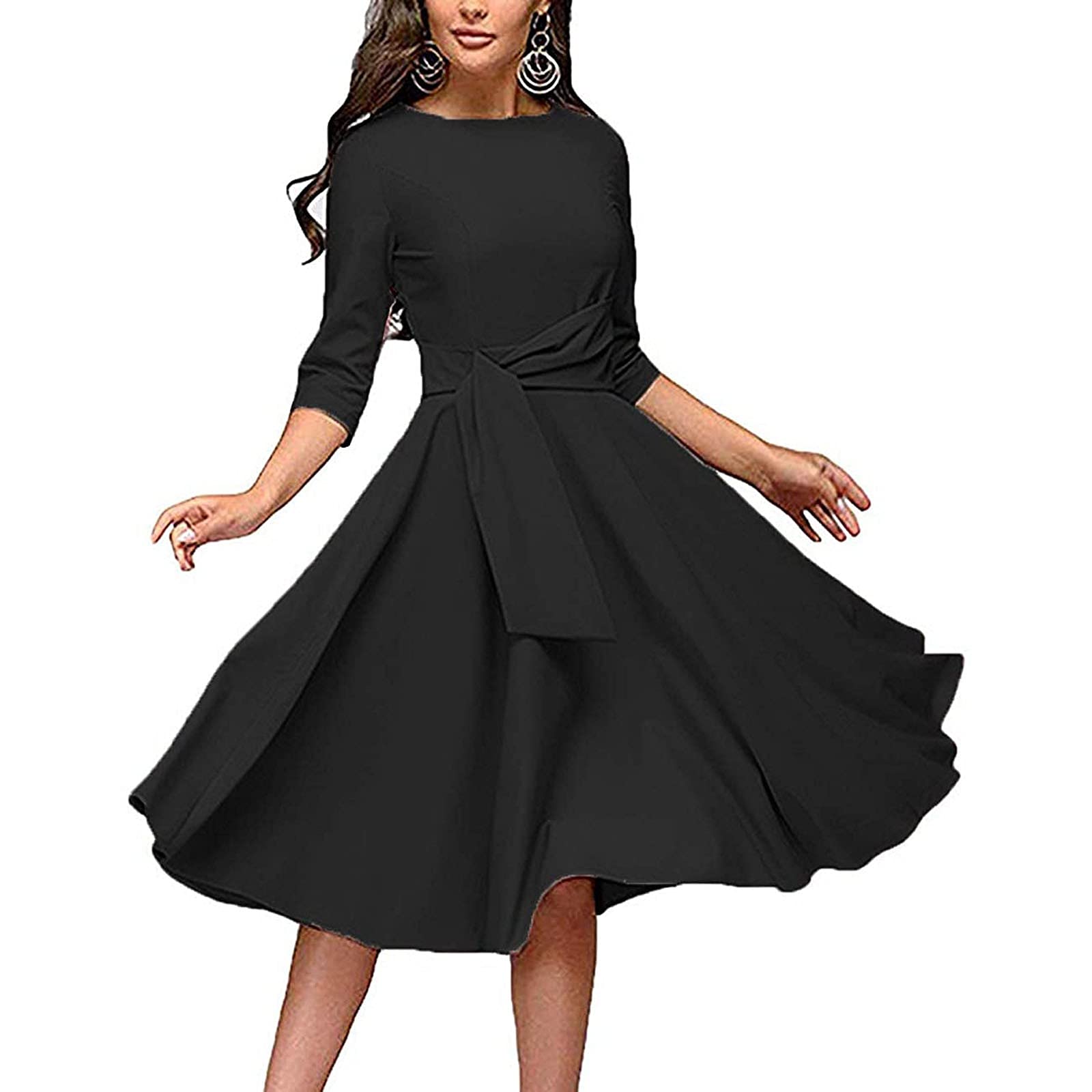 Elegant Hemlock Women's 3/4 Sleeve Swing Midi Dress - Solid Color Formal Wedding Party Dress for Evening Events, Cocktail Parties & Special Occasions