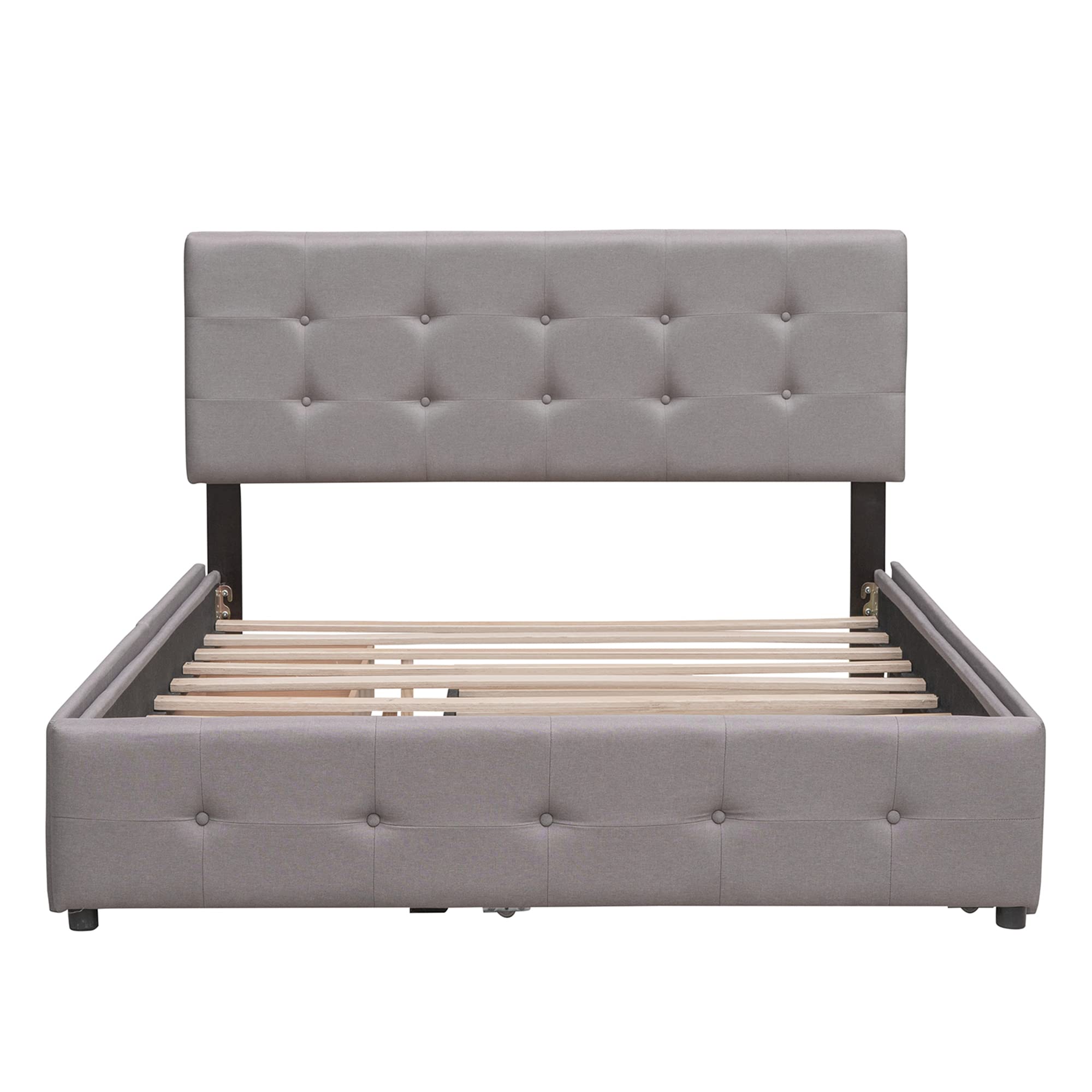 P PURLOVE Queen Size Upholstered Linen Platform Bed Frame with Tufted Headboard & 2 Storage Drawers - Twin XL Trundle Included, No Box Spring Needed, Light Gray - Perfect for Small Bedrooms, Guest Rooms & Modern Apartments
