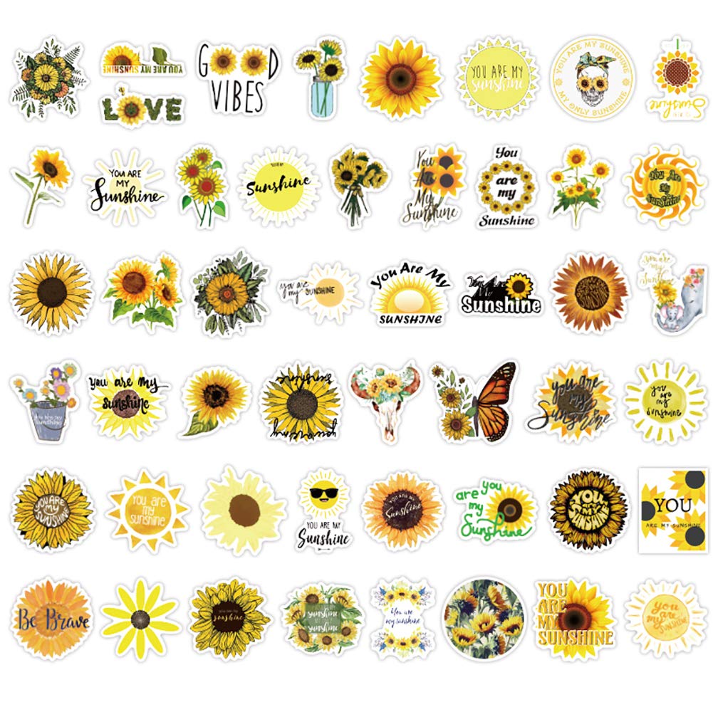 50-Pack Sunflower Stickers - Waterproof, Cute & Trendy Vinyl Decals for Teens & Girls - Perfect for Laptop, Hydro Flask, Phone, Skateboard & Travel - Extra Durable Aesthetic Stickers for School, Journals, DIY Crafts & Gift Wrapping