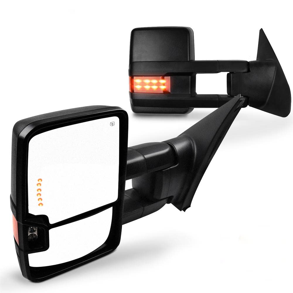 SCITOO Black Power-Adjusted Heated Towing Mirrors with LED Turn Signal & Auxiliary Light - Compatible with 2007-2017 Toyota Tundra (Pair LH RH) - Manual Telescoping for Enhanced Visibility & Safety While Towing Trailers or Large Loads