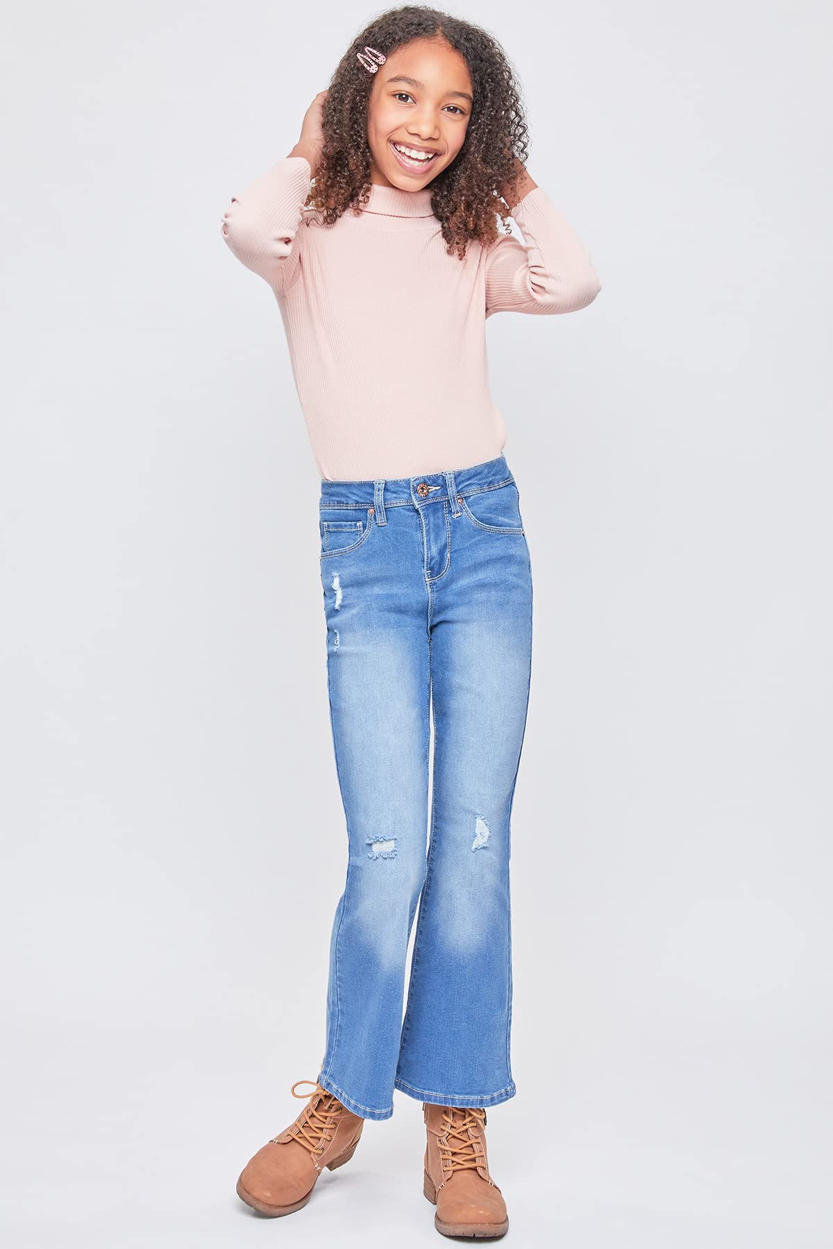 YMI Girls' Basic 1-Button Clean Hem Flare Jeans - Comfortable Stretch Denim Pants for School, Playdates & Casual Outfits