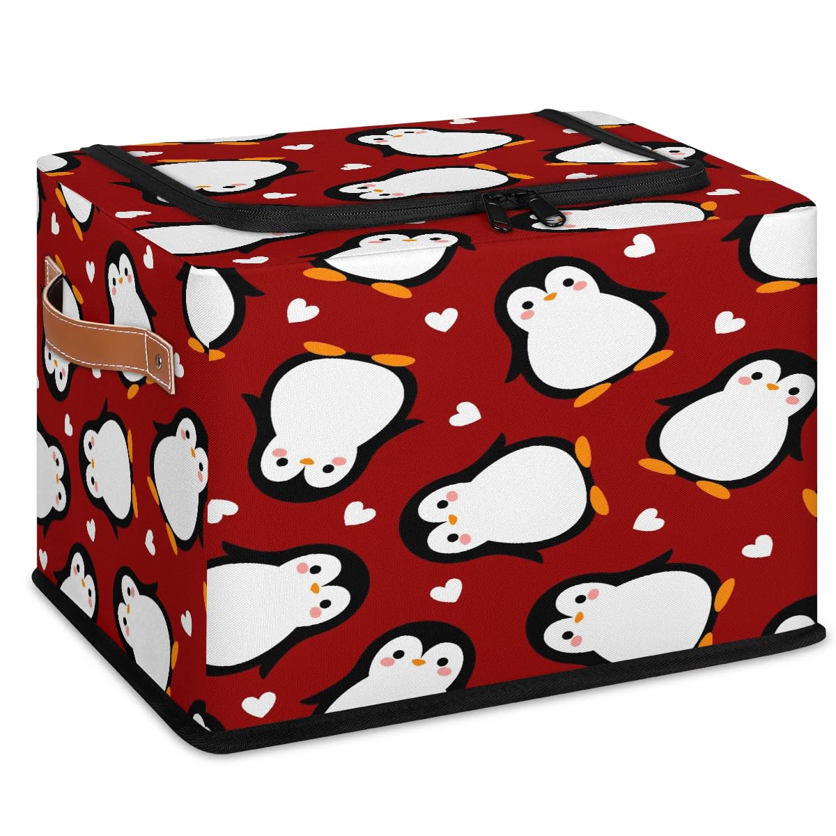 Cute Penguin Heart Cartoon Storage Bins with Zipper Lid - Foldable Fabric Storage Baskets for Clothes, Blankets & Toys - Collapsible Storage Box with Handles for Closet, Nursery & Home Organization