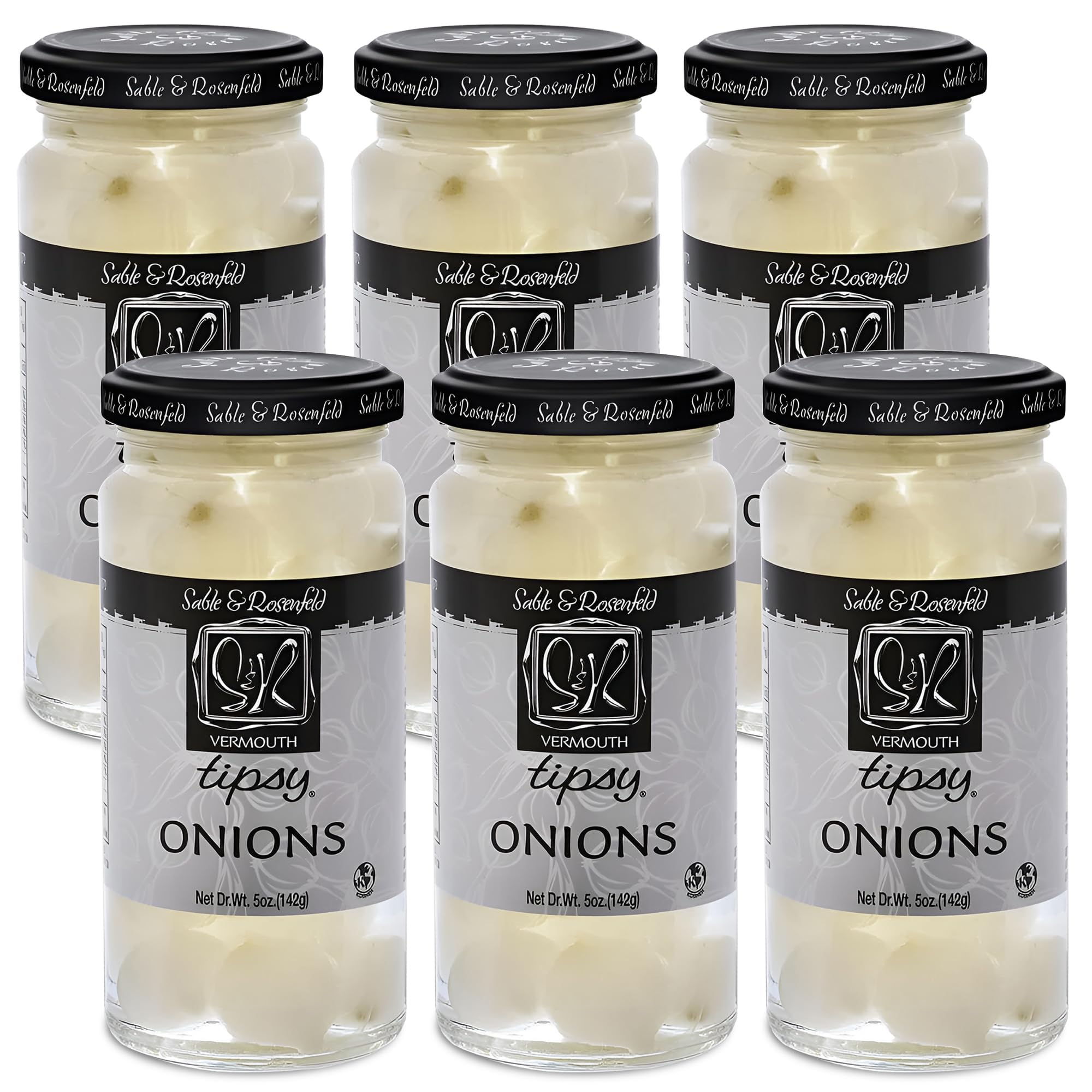 Premium Cocktail Onions in Jar with French Vermouth - Pickled Silverskin & Pearl Onions for Martinis, Gibsons & Cocktails - Kosher Parve Gourmet Appetizer - Perfect for Home Bars, Parties & Charcuterie Boards - Sable & Rosenfeld - 5 Oz (Pack of 6)