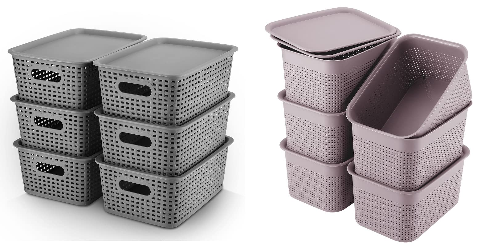 AREYZIN Plastic Storage Baskets with Lids - 4 Pack Organizing Containers for Home, Office & Classroom - Stackable Storage Bins for Shelves, Drawers, Closet, Playroom (Grey & Purple) - Perfect for Toys, Books, Crafts & Office Supplies Organization