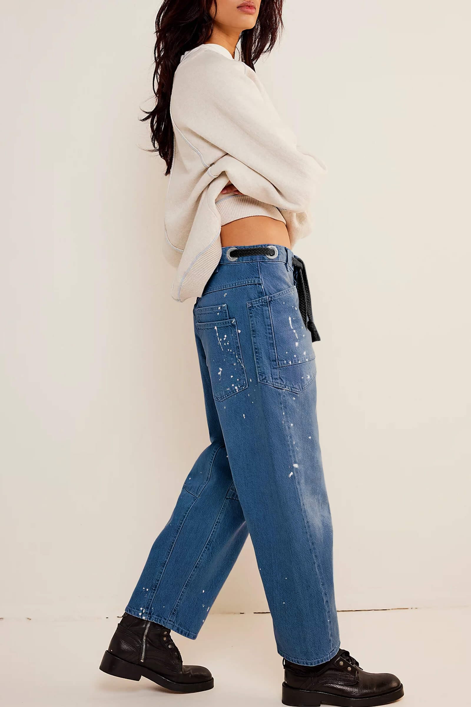 Cicy Bell Women's Vintage High Waisted Baggy Barrel Horseshoe Jeans - Wide Leg Distressed Denim Pants with Drawstring Waist & Front Pockets | Retro 90s Style for Casual Outfits, Streetwear & Boho Fashion