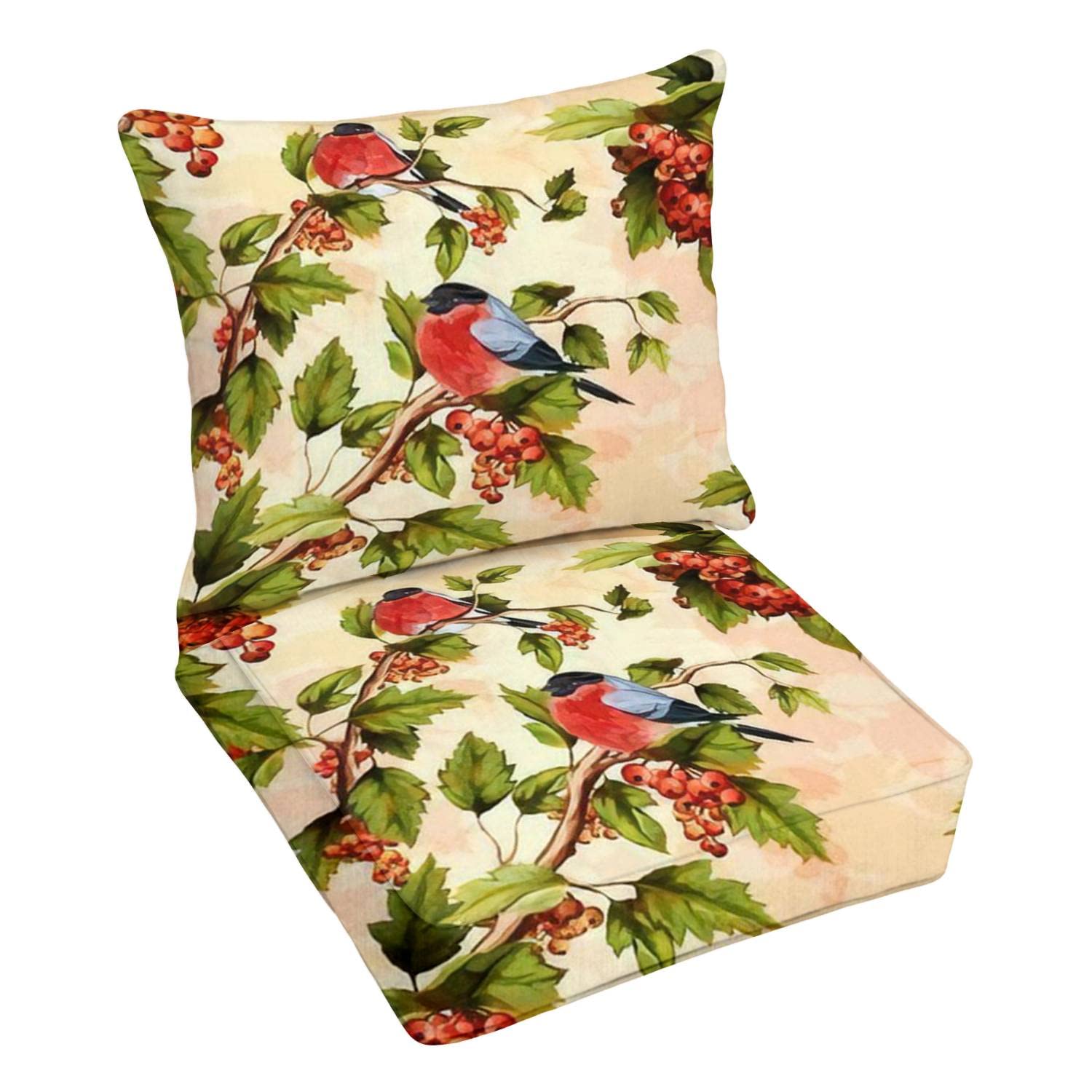Premium Outdoor Deep Seating Cushion Set - Watercolor Berry Tree with Leaves & Bird Design - Replacement Cushions for Patio Lounge Chairs - Perfect for Backyard, Garden, and Poolside Relaxation