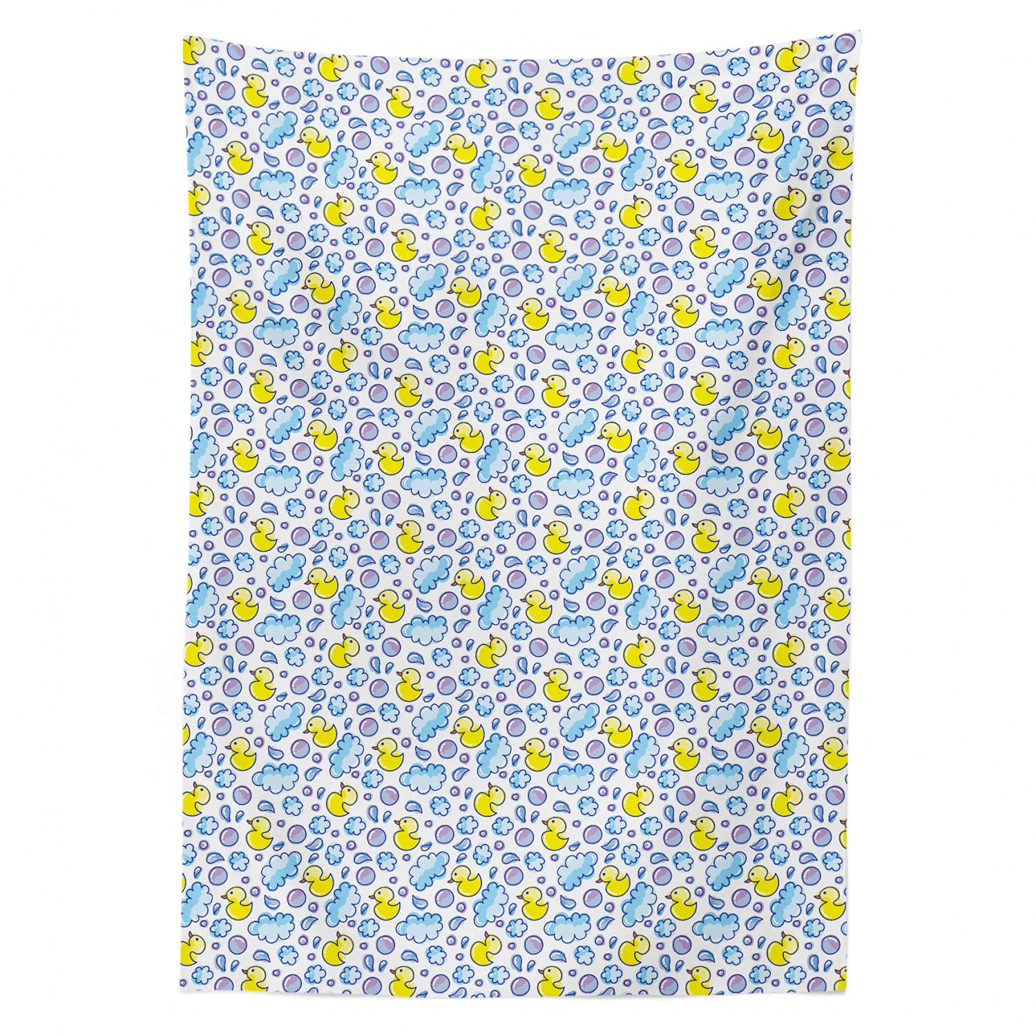 Ambesonne Cartoon Tablecloth - Washing Time Themed with Soap Bubbles, Water Droplets & Duck Pattern - 60x84 Inch Rectangle Satin Table Cover for Dining Room & Kitchen - Yellow, Lilac & Blue - Perfect for Themed Parties, Family Gatherings & Everyday Dining