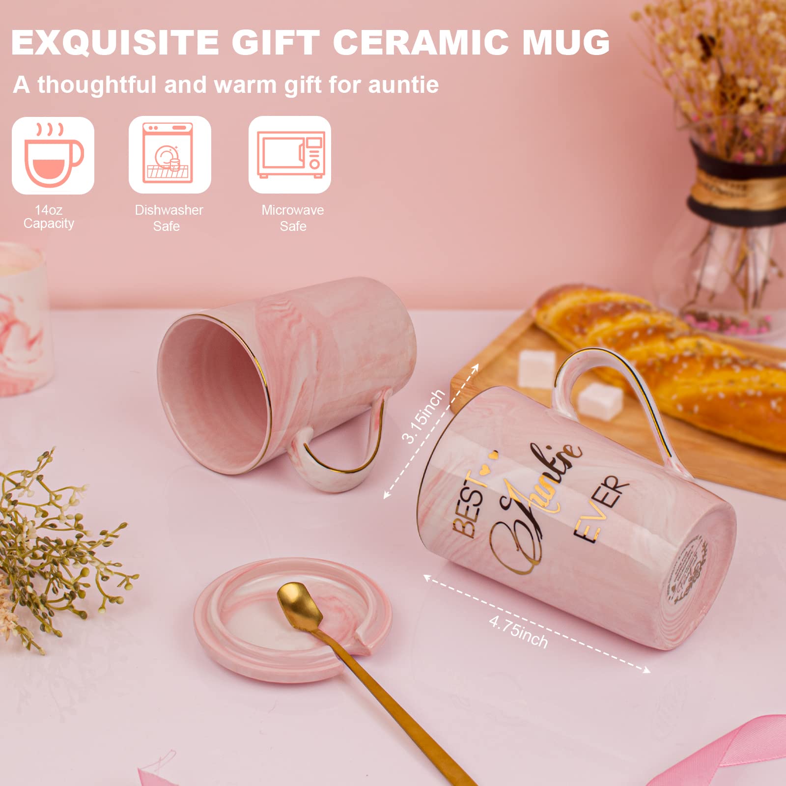 Best Aunt Ever Coffee Mug - 14oz Marble Ceramic Auntie Gift with Gold Print & Pink Design - Perfect Birthday, Christmas Gifts from Niece or Nephew - Ideal for Morning Coffee, Tea Time & Special Occasions