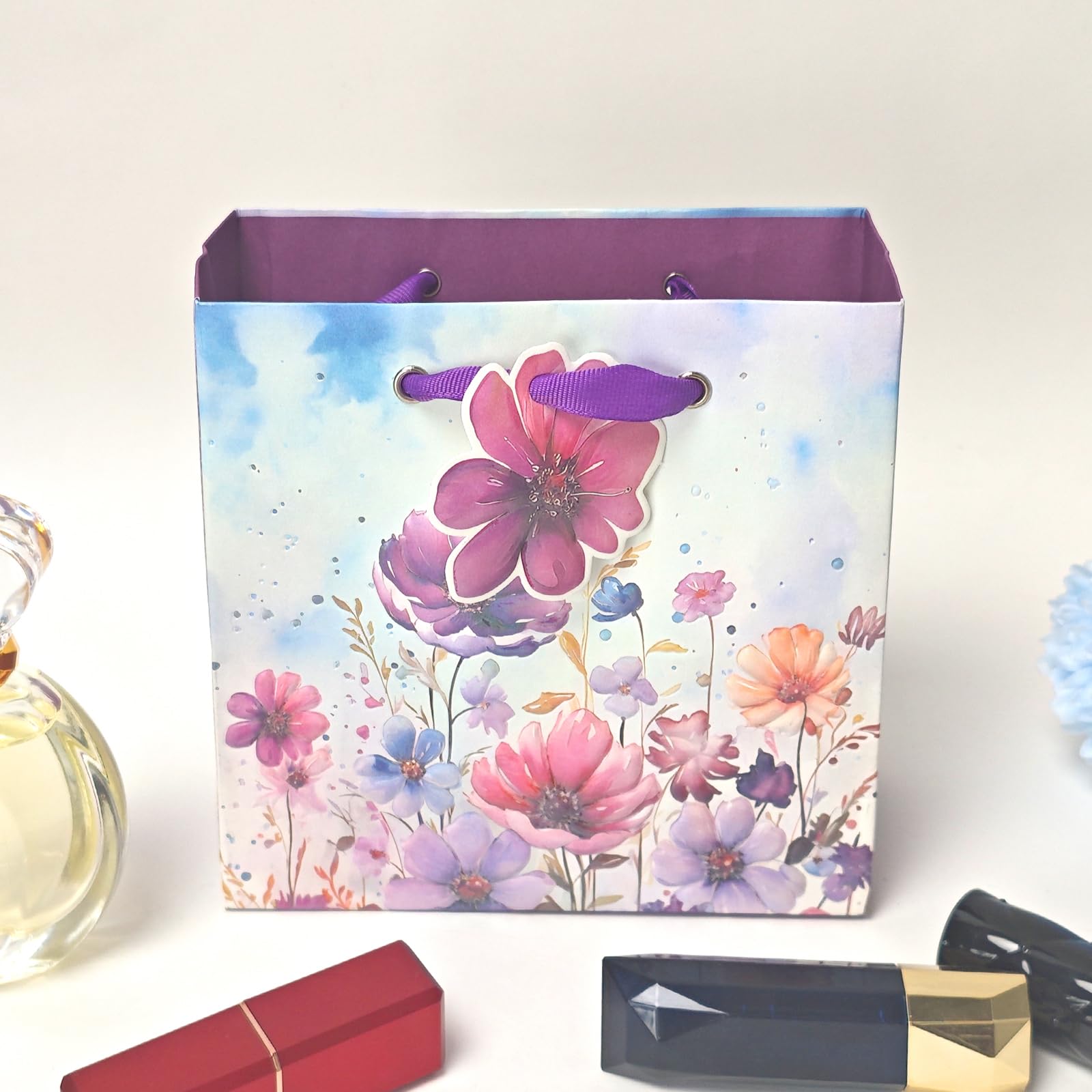6 Pack Purple Floral Embossed Gift Bags with Handles - Includes 8 Tissue Papers for Baby Showers, Birthdays, Weddings & Special Occasions - Perfect for Girls, Women & Party Favors