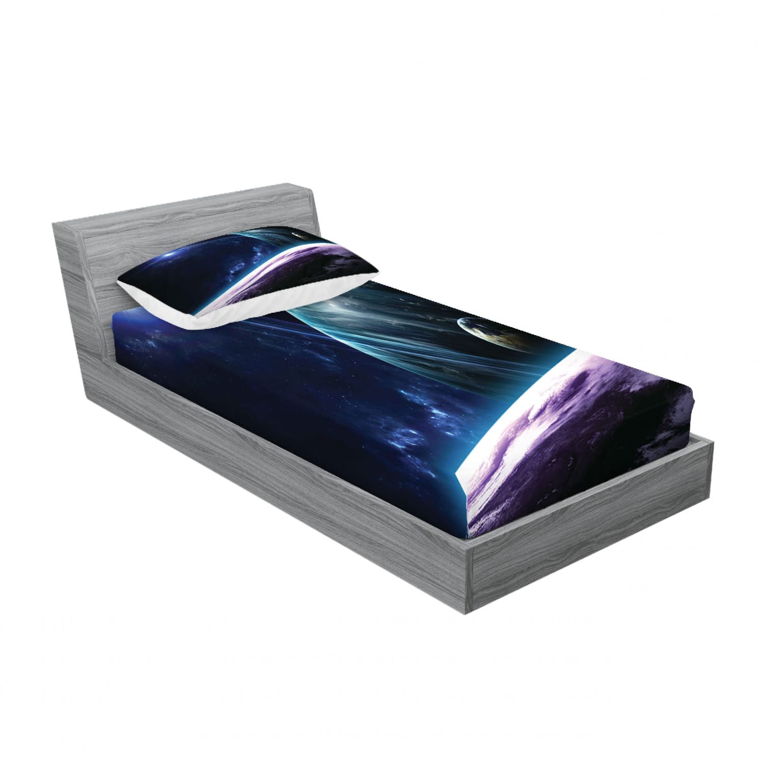 Ambesonne Space 2-Pack Twin XL Fitted Sheets & Pillow Sham Set - Universe Planets Design, Blue Purple 4-Piece Bedding Set for Kids & Teens - Perfect for Dorm Rooms, Space-Themed Bedrooms & Astronomy Lovers