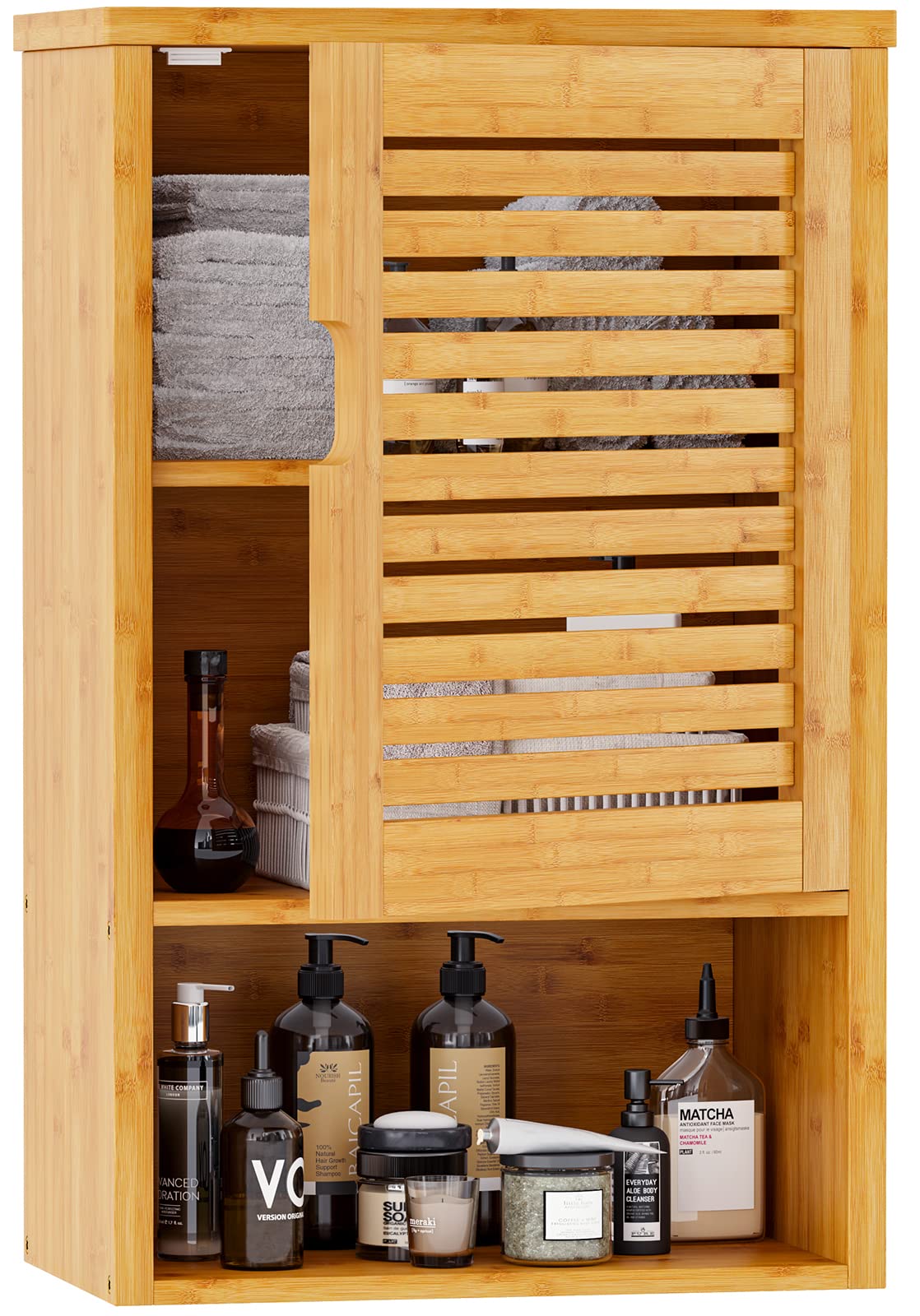 VIAGDO Wooden Bathroom Wall Cabinet - Single Door Medicine Storage with Adjustable Shelf, Bamboo Over The Toilet Hanging Cupboard (15.7’’L x 7.8’’W x 23.6’’H) - Perfect for Small Bathrooms, Powder Rooms & Apartment Storage Solutions