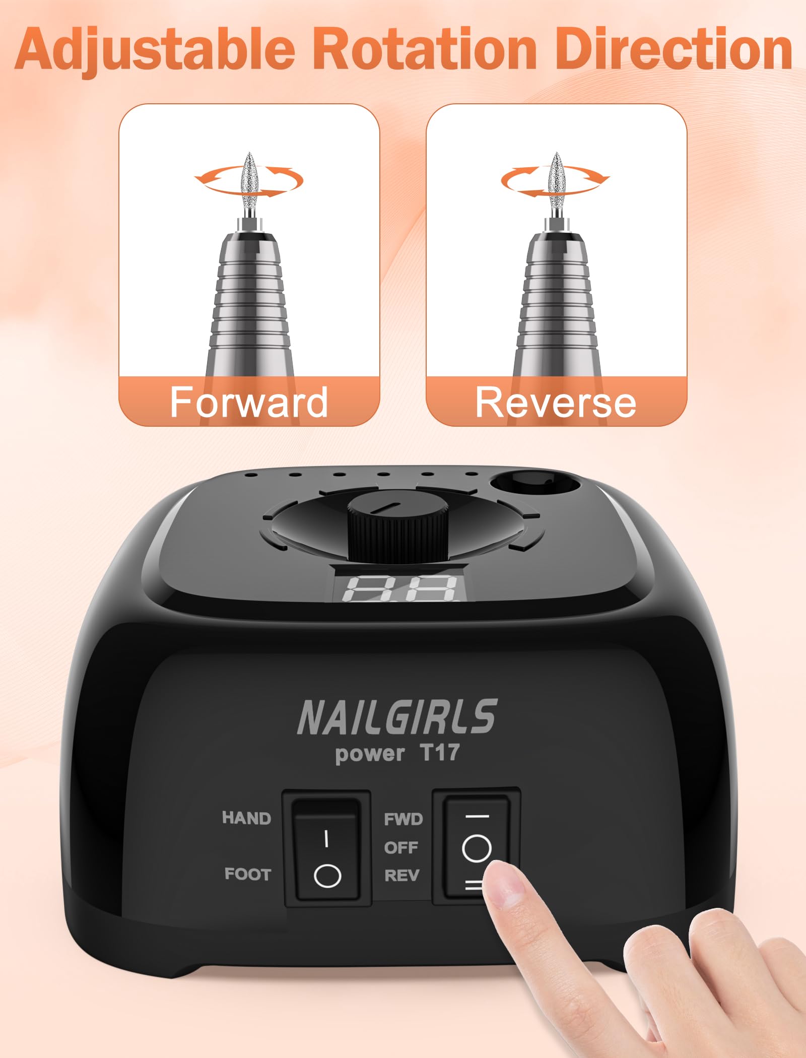 NAILGIRLS 35000RPM Professional Nail Drill Machine with LED Speed Display - Electric Nail File Kit for Acrylic & Gel Nails, Polishing & Shaping (Black) | Perfect for Salon & Home Manicure/Pedicure