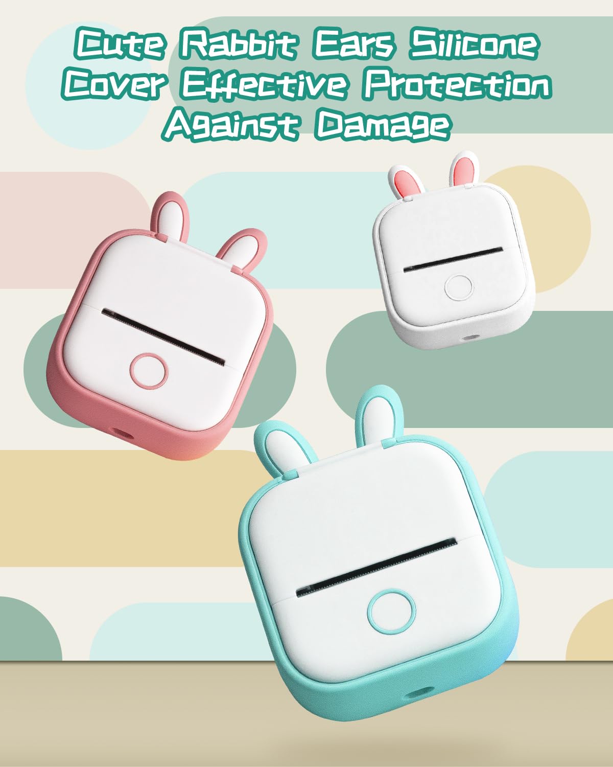 Memoqueen T02 Silicone Protective Case with Bunny Ears - Compatible with T02 Mini Sticker Printer, Portable Pocket Printer Cover in Green Bunny Design - Perfect for School, Office, Travel & DIY Projects