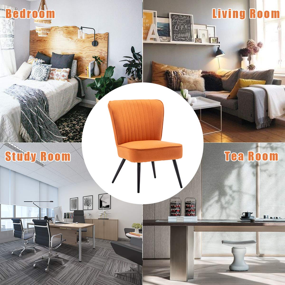 Annjoe Armless Accent Chair Set of 2 - Modern Upholstered Slipper Chairs with Sturdy Metal Legs for Living Room, Dining Room, Kitchen, Office & Bistro - Orange Velvet Fabric - Perfect for Small Spaces, Reading Nooks & Coffee Shops